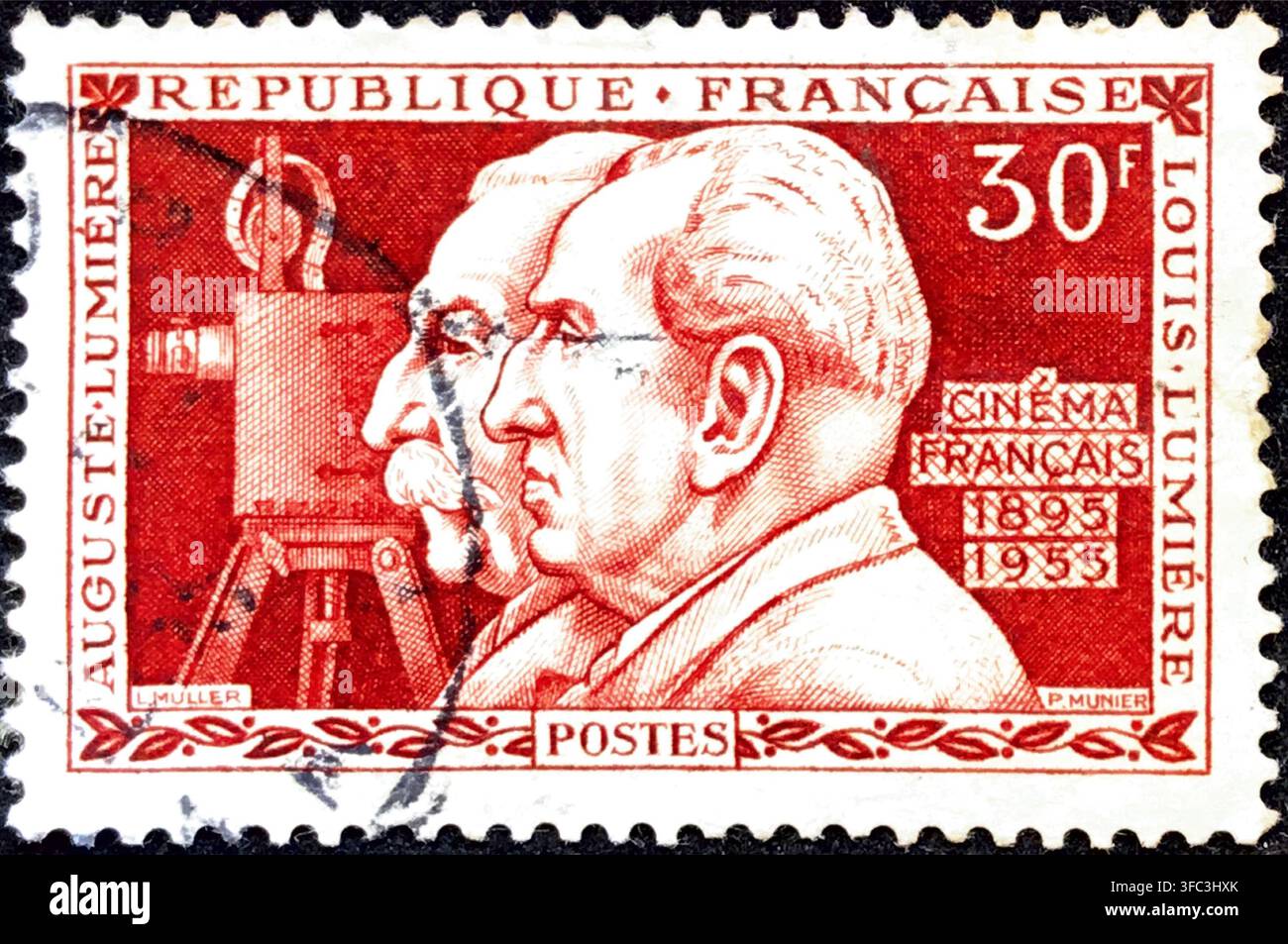 Französische Gedenkbriefmarke von 1955 zur Feier von 60 Jahren Kino mit den Brüdern Auguste und Louis Lumière, 30 Francs Frankreich Stockfoto
