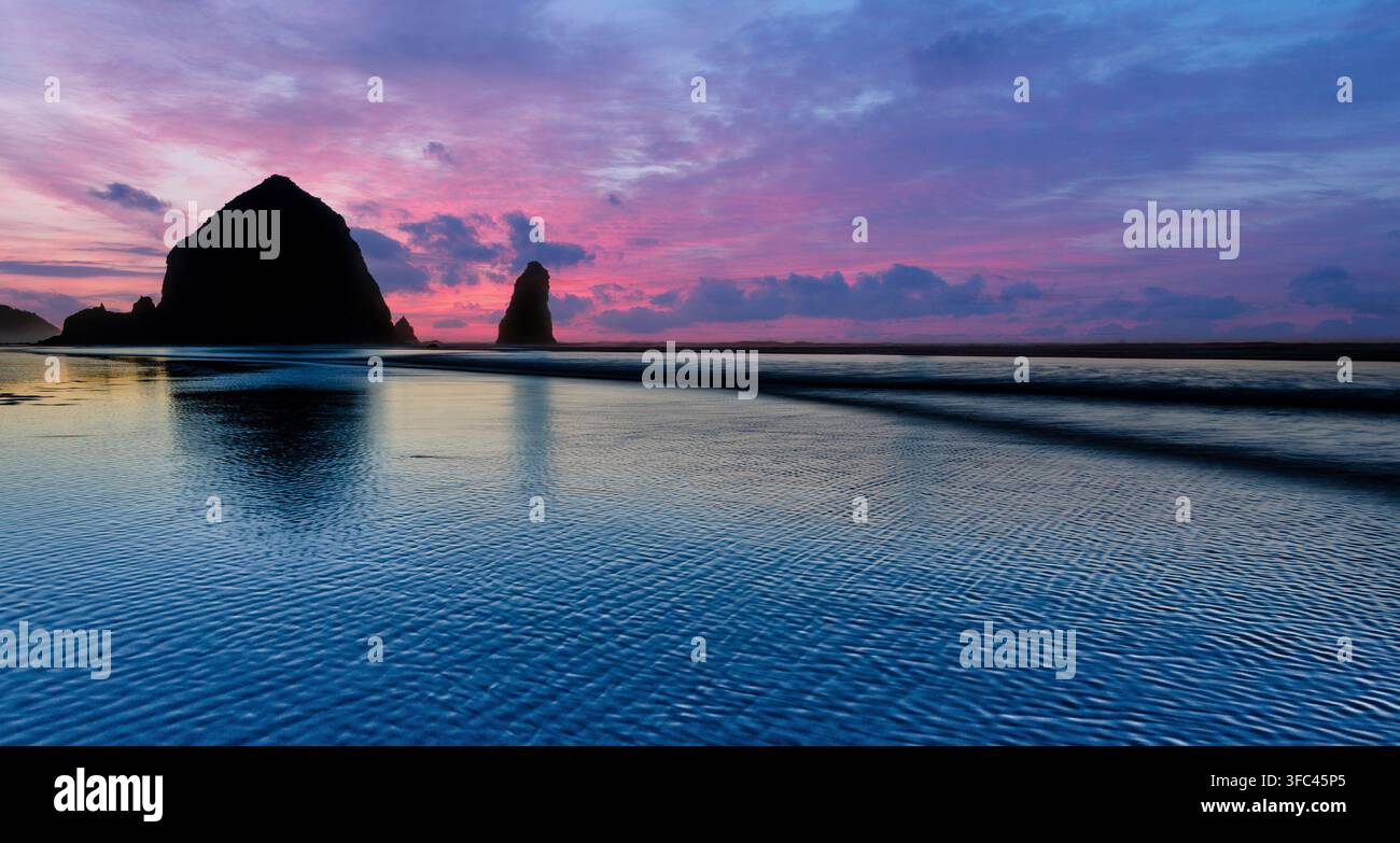 Blick auf Haystack Rock bei Sonnenuntergang mit lebhaften violetten und rosa Wolken, die sich im nassen Sand des Strandes in Cannon Beach, Oregon, USA, spiegeln Stockfoto