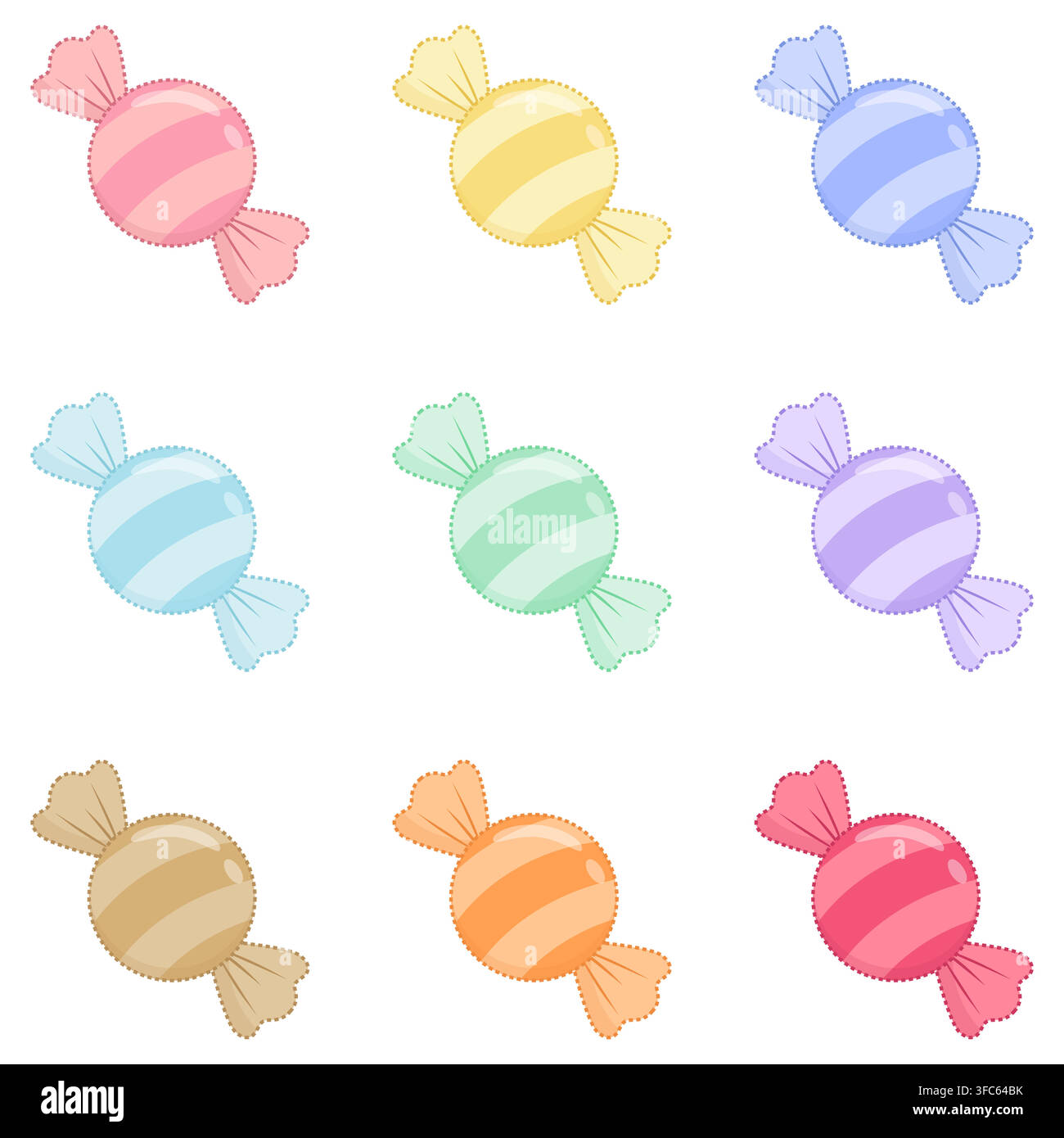 Farbenfrohes Vektor-Set mit neun verpackten Bonbons in verschiedenen Pastellfarben. Niedliche glänzende Süßigkeiten-Sammlung mit Rosa, Gelb, Blau, Minze, Lila, Braun, Stock Vektor