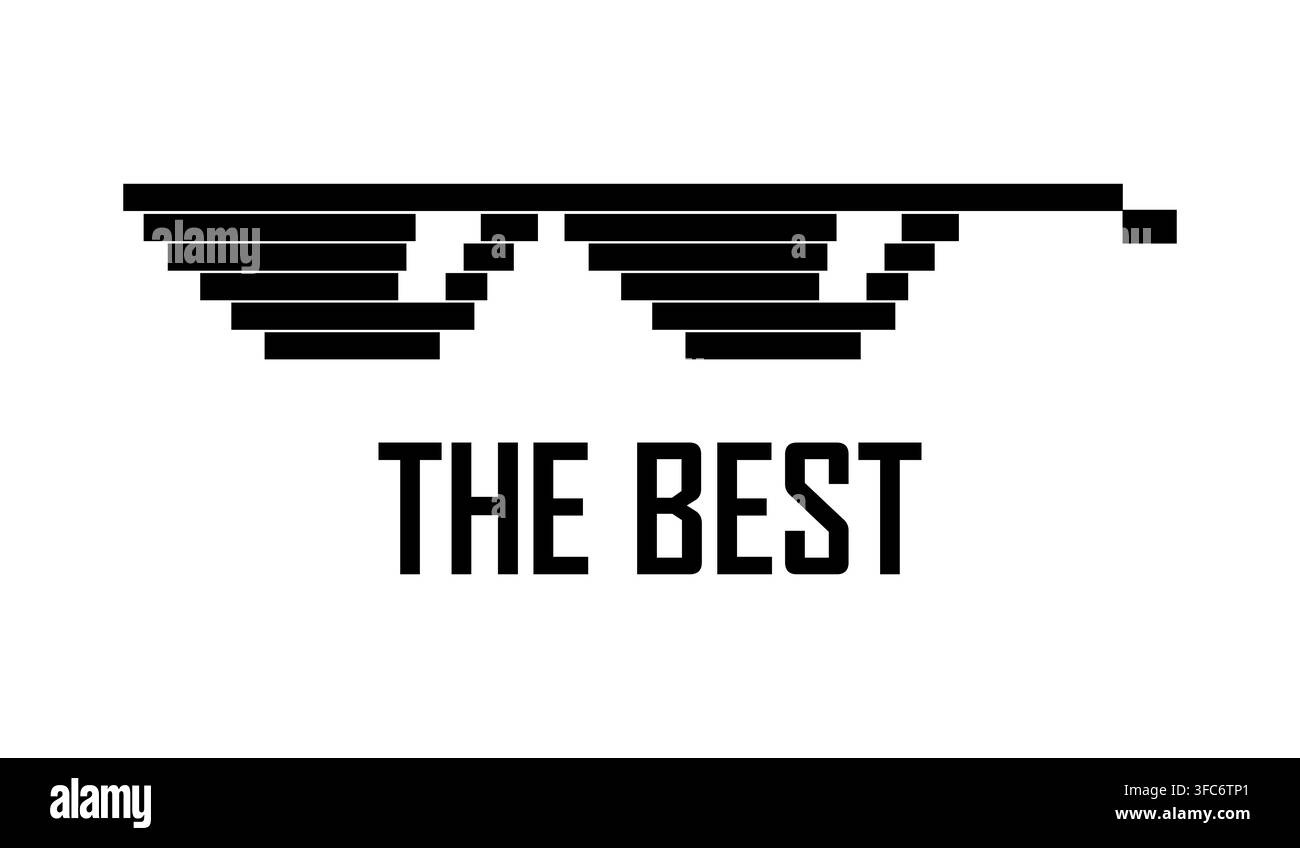 Pixel-Schwarzbrille. Text Das Beste. Dunkle Sonnenbrille mit Reflexion. Cool, stilvoll. Low-Poly-Stil. Thug-Life-Shades im 8-Bit. Meme. Seitenansicht. isoliert Stock Vektor