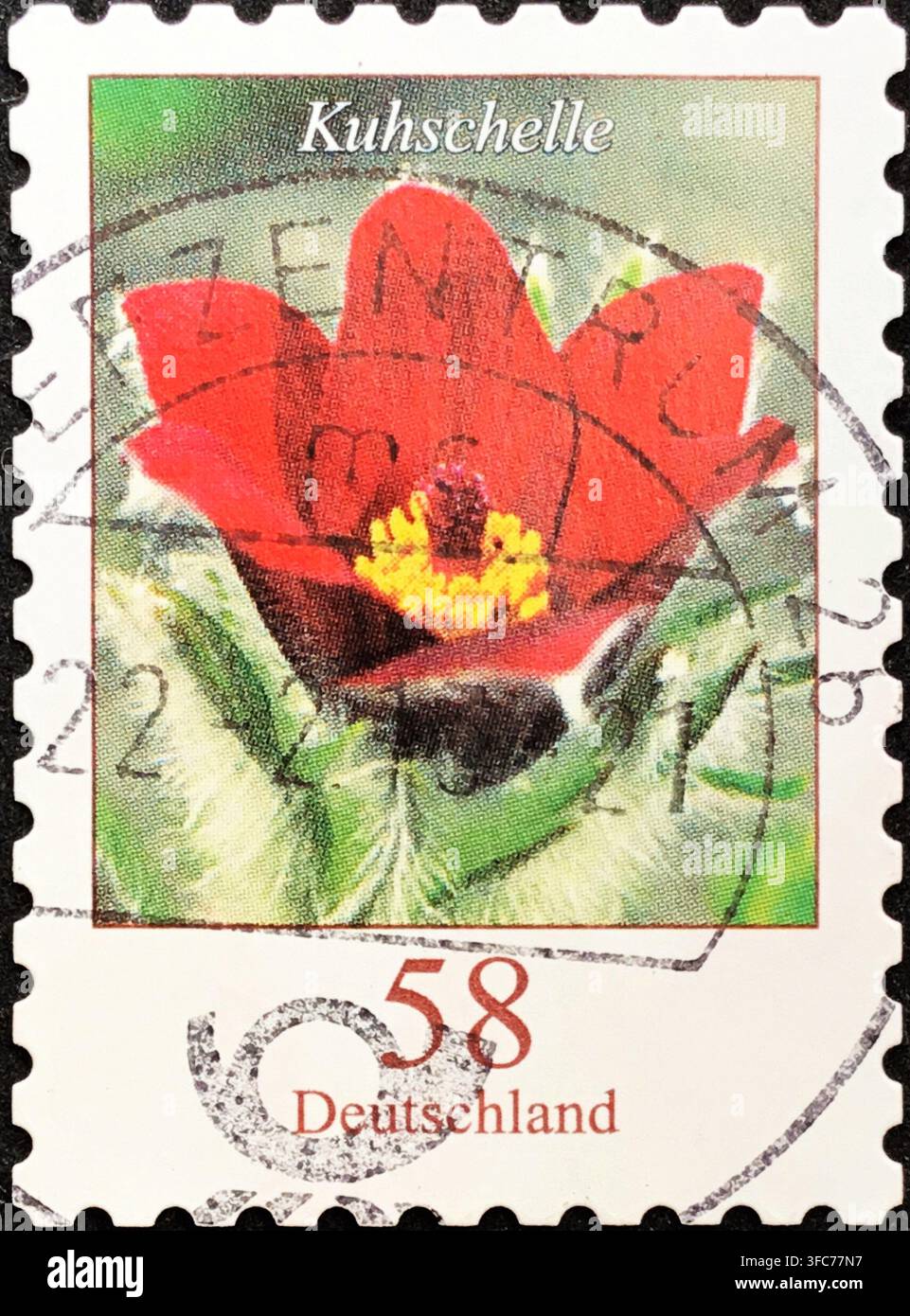 2013 Deutsche Dauermarke, die Pasque-Blume Kuhschelle aus der Dauerserie Blumen illustriert, Wert 58 Cent Deutschland Stockfoto