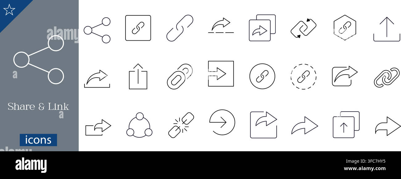 Satz von Share- und Link-Linien-Icons, der Share-Symbole, Hyperlink-Kette, Weiterleitungs-Pfeile, Upload-Symbol und Unlink-Lineare Vektorillustration zeigt Stock Vektor
