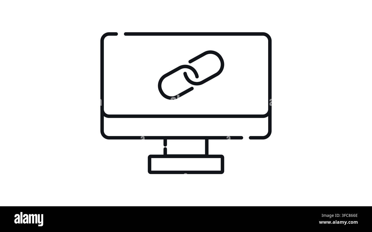 Desktop-Computermonitor mit Kettenglied-URL-Symbol auf dem Bildschirm, Vektor-Symbol. Schwarzer Linienstil auf weißem Hintergrund. Stock Vektor