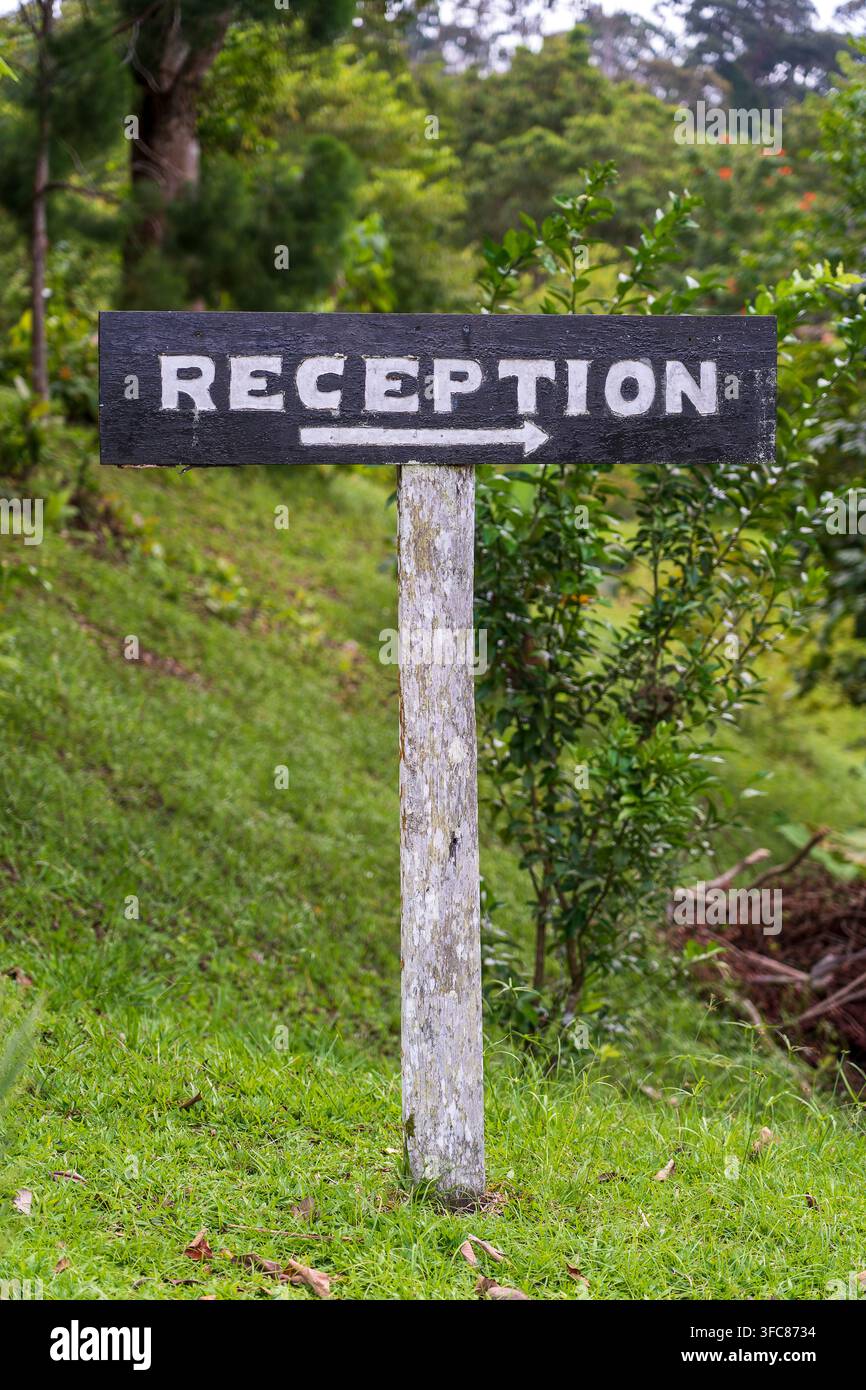 Texteinnahme auf einer Holztafel in der Nähe eines tropischen Hotels in Borneo, Malaysia. Empfangsholzschild-Inschrift in den asiatischen Tropen, Nahaufnahme Stockfoto