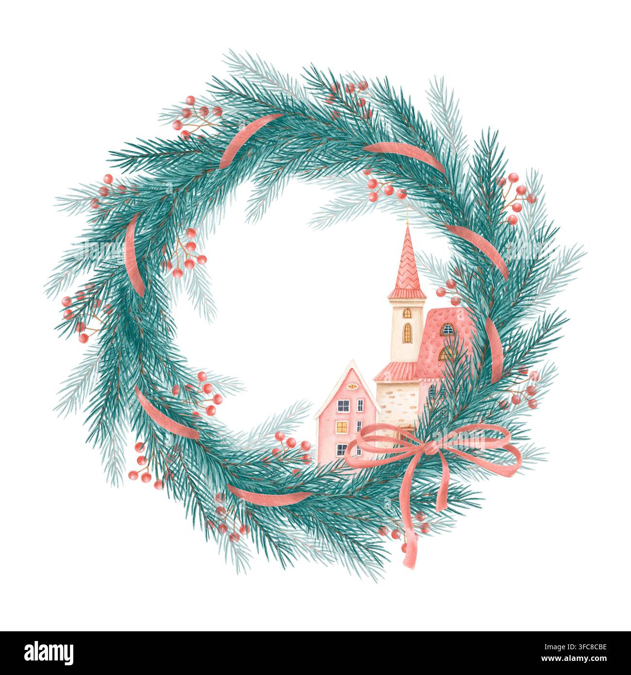 Aquarellhand gezeichneter Weihnachtskranz mit immergrünen Kiefernzweigen, roten Beeren, Band und Märchendorf mit Kirche. Stockfoto