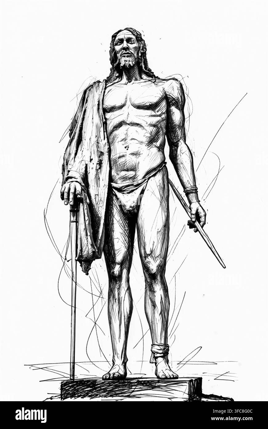 Tinten sketching Illustration von Acaymo, Guanche Mencey von Tacoronte in Teneriffa, weißer Hintergrund. Stockfoto