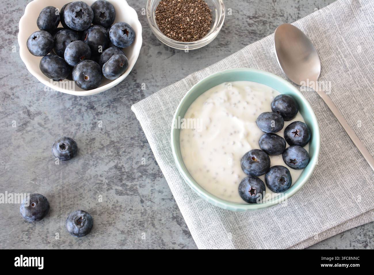 Joghurt mit Blaubeeren und Chiasamen in einer Schale Flachlage Stockfoto