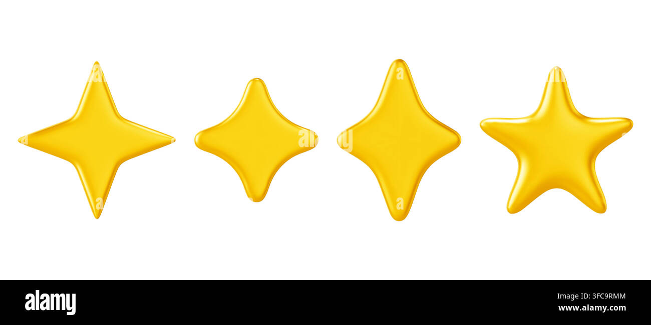Realistisches Set von 3D-Goldsternen auf weißem Hintergrund. Vektorillustration von gelben funkelnden Zeichen für Abzeichen, Bewertung, Trophäe und festliche Dekoration Designs, Premium-Qualität Auszeichnungs-Icon, Emoji-Aufkleber Stock Vektor