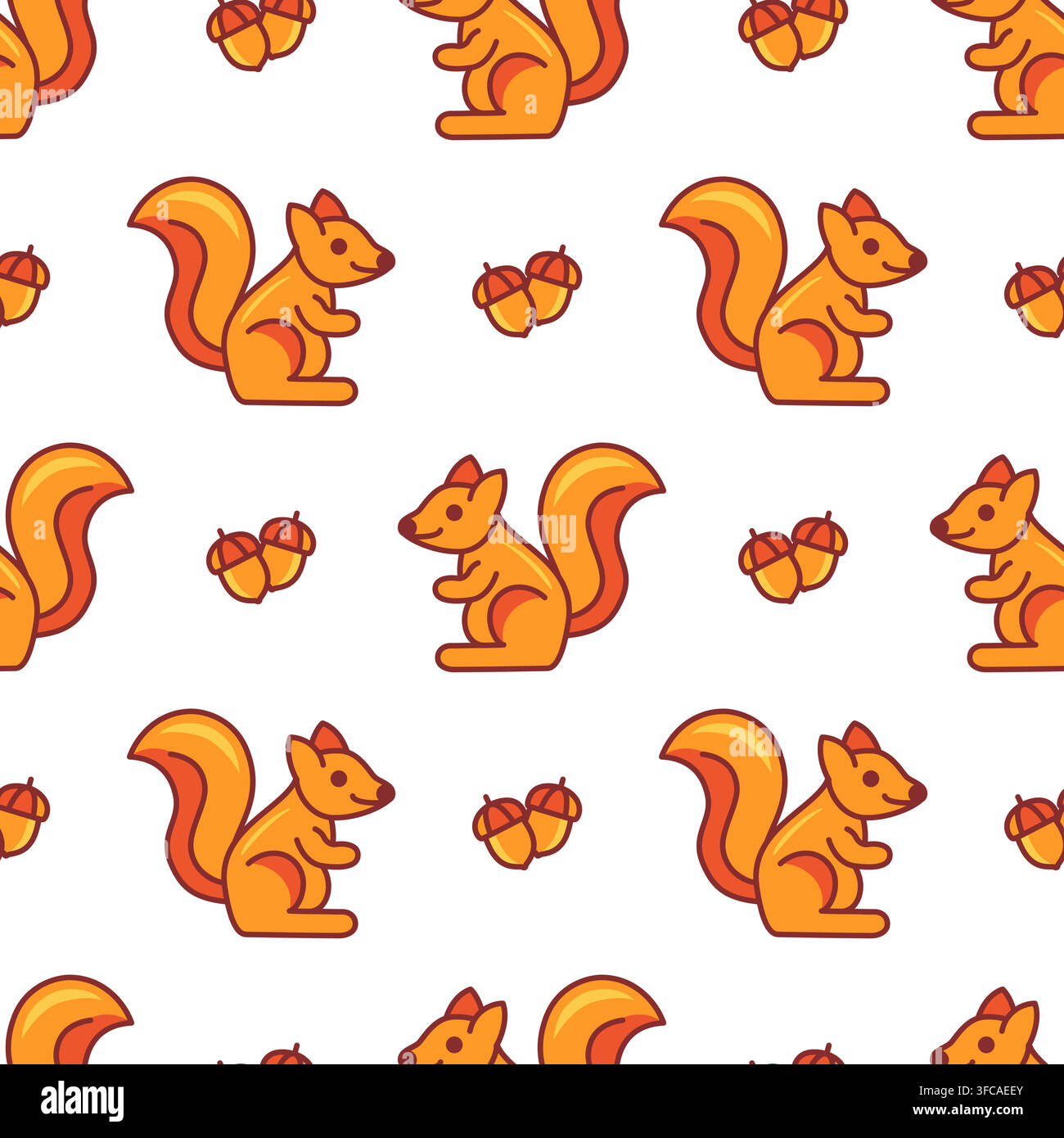 Nahtloses Muster von orangefarbenen Cartoon-Eichhörnchen, Eicheln in wiederholter Anordnung auf weißem Hintergrund Stock Vektor