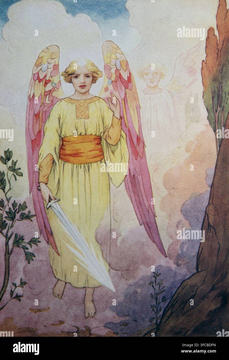 Illustration von zwei Engeln, einer mit einem flammenden Schwert, Wächter des Gartens Eden, von Harry G. Theaker aus den Bibelgeschichten für Kinder der 1920er Jahre neu erzählt Stockfoto