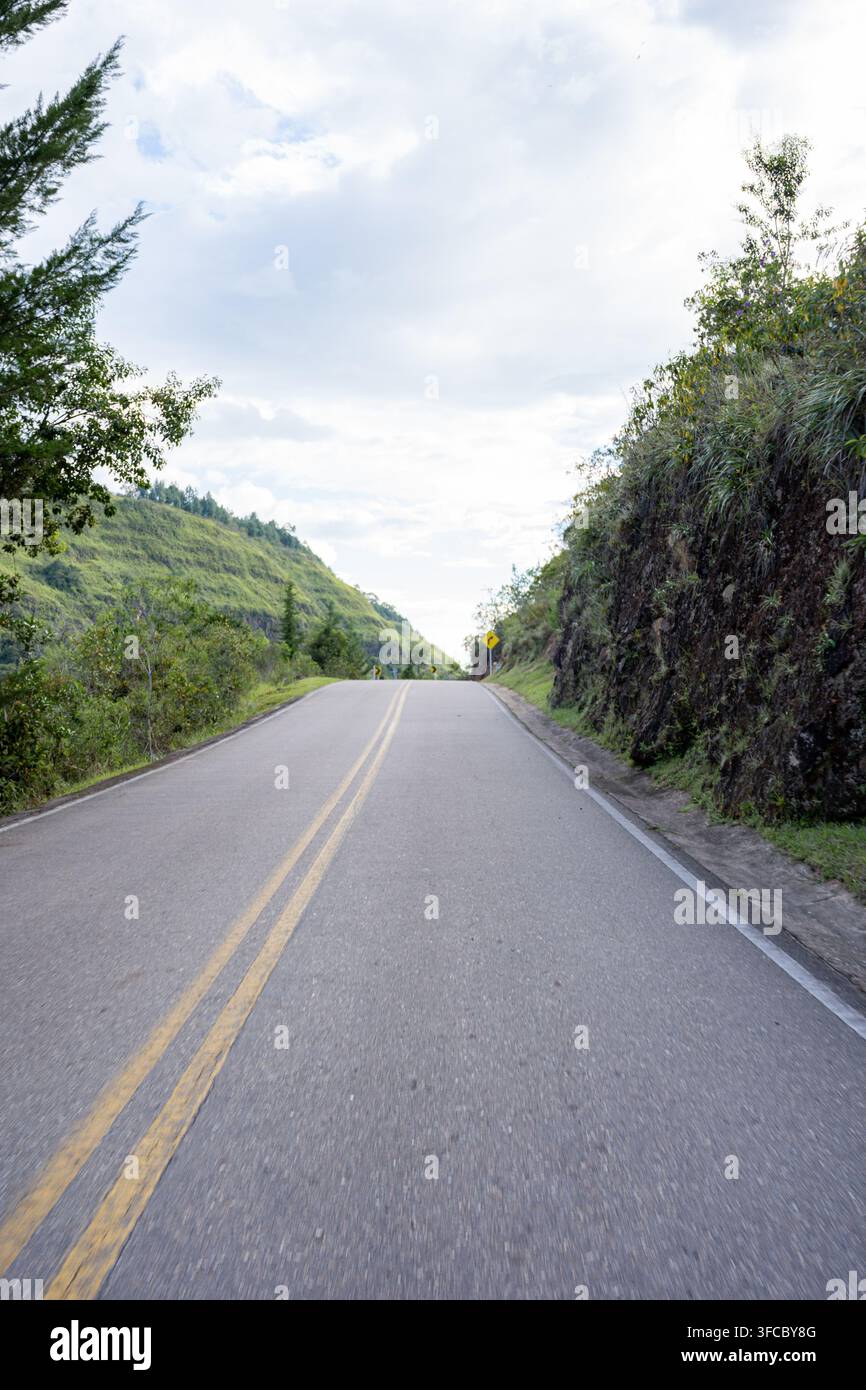 Asphaltstraße mit doppelten gelben Linien, die sich durch grüne Hügel und eine steile Felswand schlängelt und eine dynamische Landschaftsansicht für Reisen und Ex schafft Stockfoto