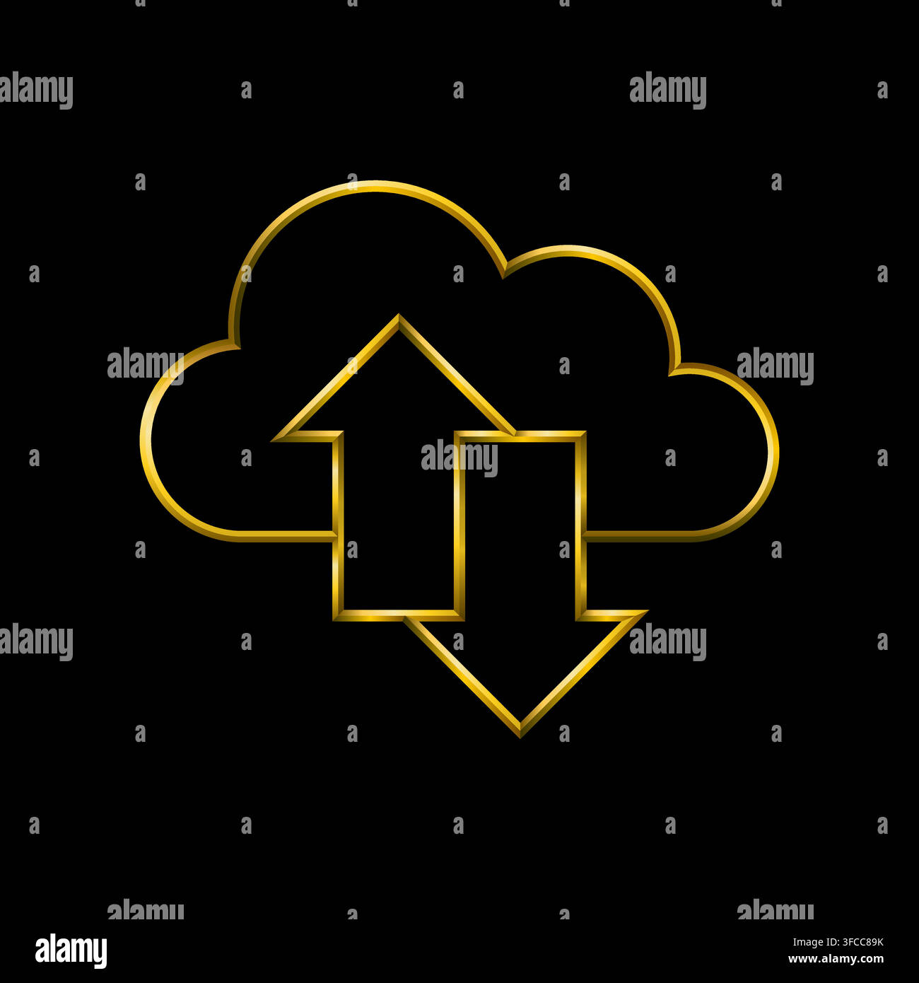 Cloud-Upload- und Download-Symbol, goldene metallische dünne 3D-Linien, Vektor-Illustrationssammlung. Stock Vektor