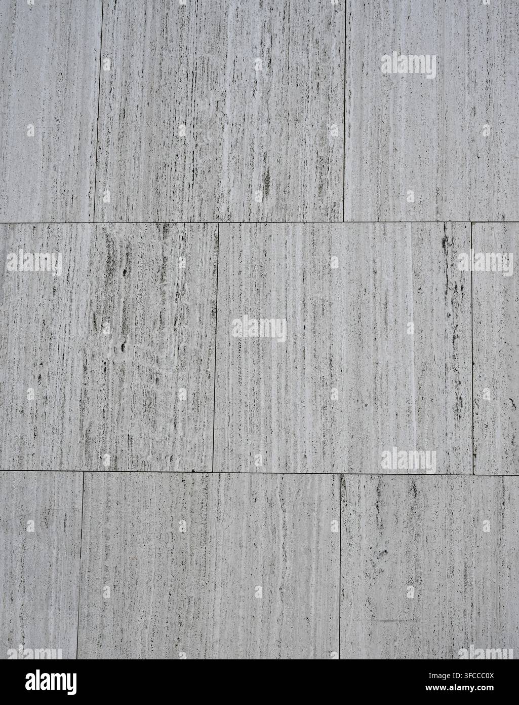 Vertikale Fertigbetonplatten mit schwarzen Sprenkeln, grauen Bändern, Venen, Rissen, Schrammen und abgebrochenen Ecken Stockfoto