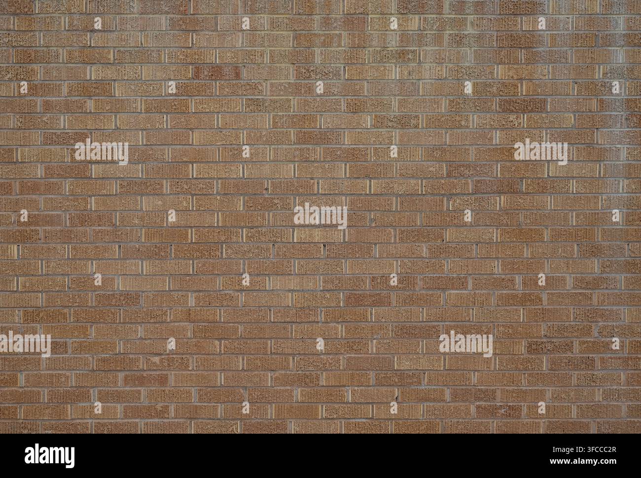 Braune strukturierte Ziegelwand mit vertikal gerillten Ziegeln, glatten Mörtelfugen und leichter Witterungseinwirkung Stockfoto