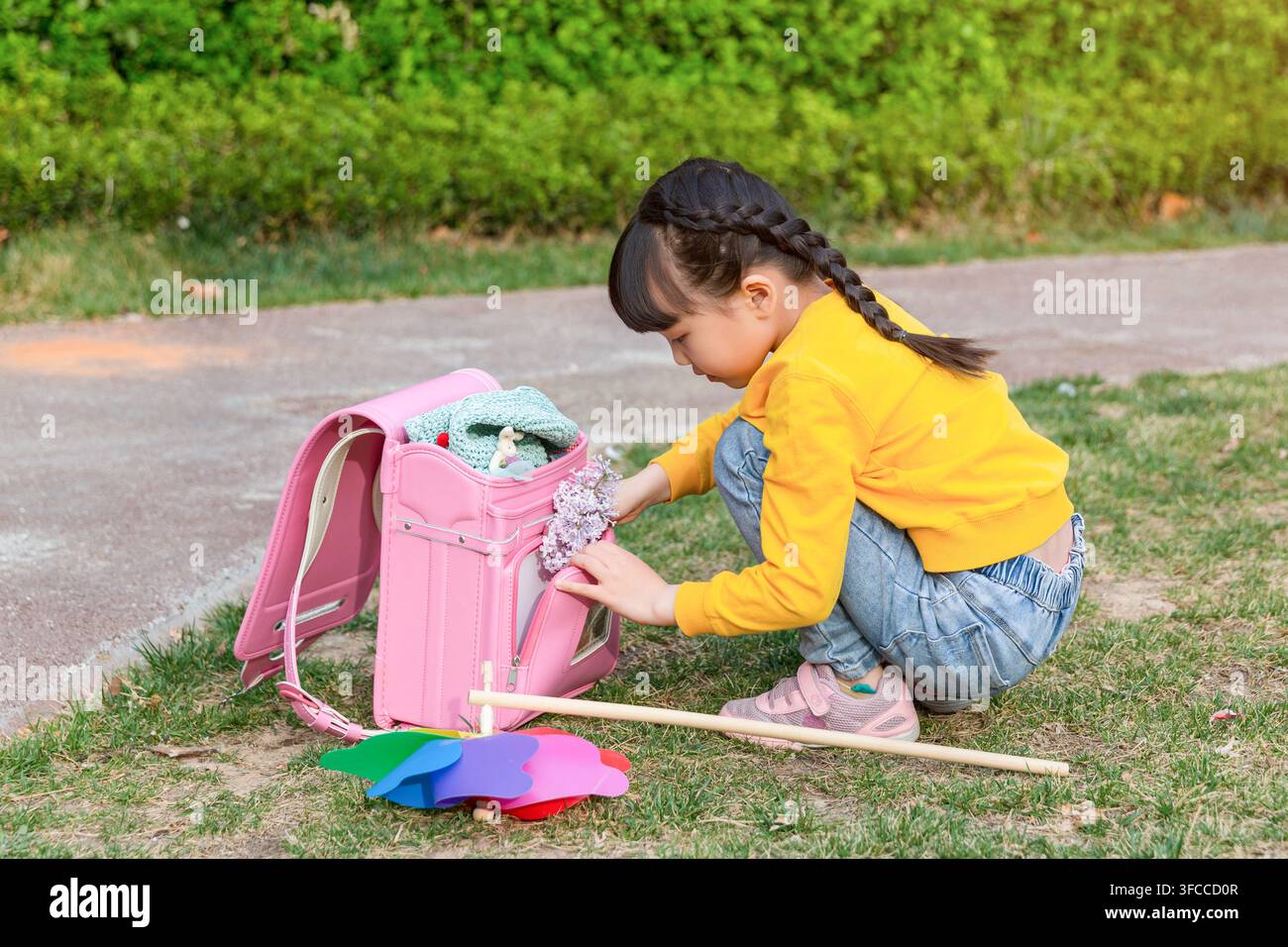 Eine niedliche Schulmädchen hockt auf dem grünen Gras neben ihrem rosa Rucksack, um an einem sonnigen Nachmittag kleine weiße Blumen zu pflücken. Stockfoto