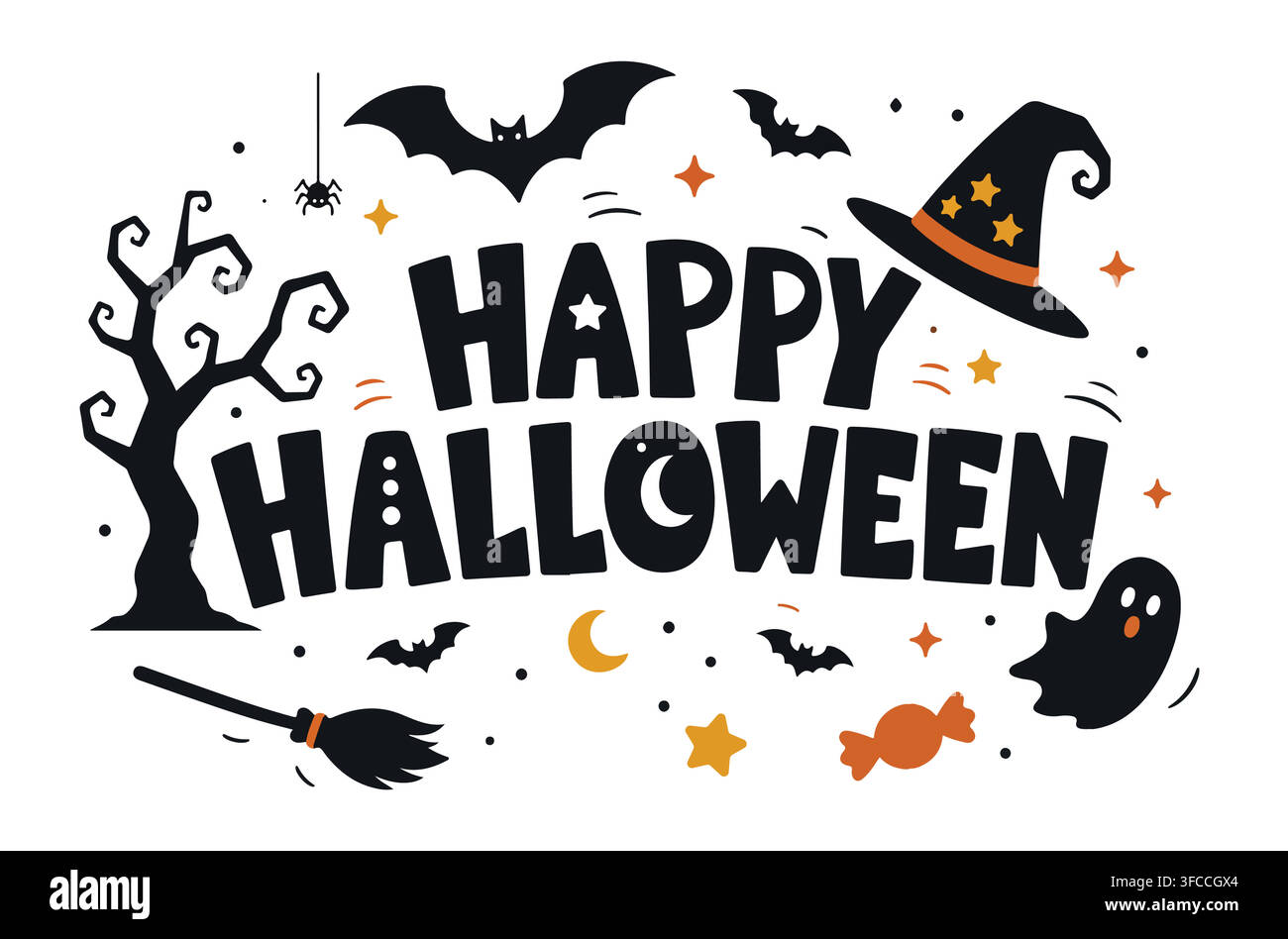 Fröhliches Halloween-süßes gruseliges Typografie-Schriftzug-Banner mit Hexenhut, Geist, Fledermäusen, Süßigkeiten und Besenstiel-Vektorillustration. Stock Vektor