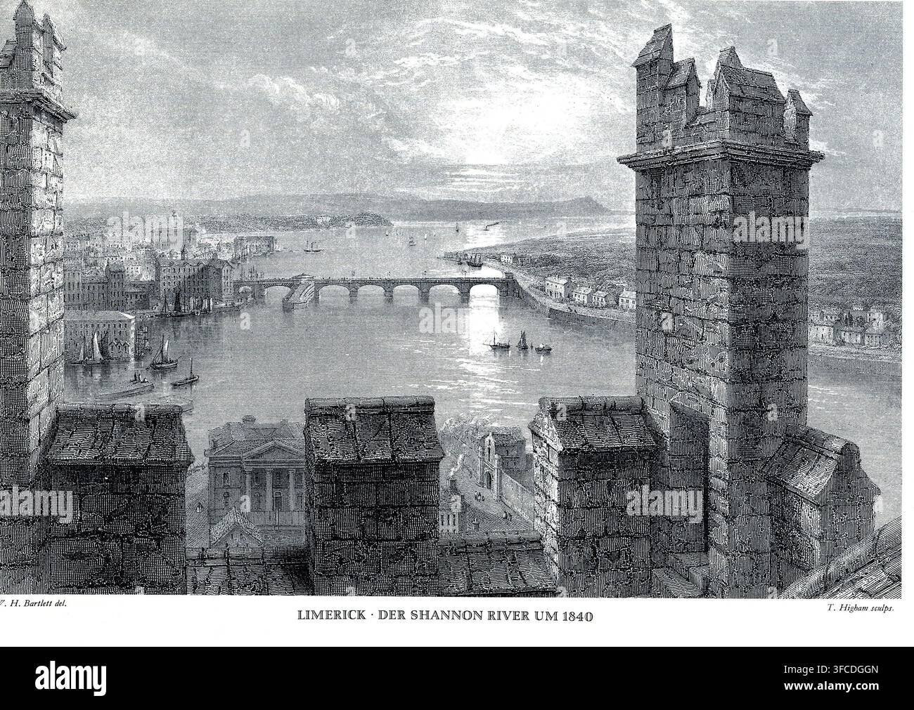 „Radierung von Limerick am Fluss Shannon, Irland, gestochen von Thomas Higham nach einer Zeichnung von William Henry Bartlett und veröffentlicht um 1840. Der malerische Blick zeigt die historische Stadt und ihre Uferpromenade entlang des Shannon und spiegelt die romantische Landschaftstradition der Reiseillustration des 19. Jahrhunderts wider.“ Stockfoto
