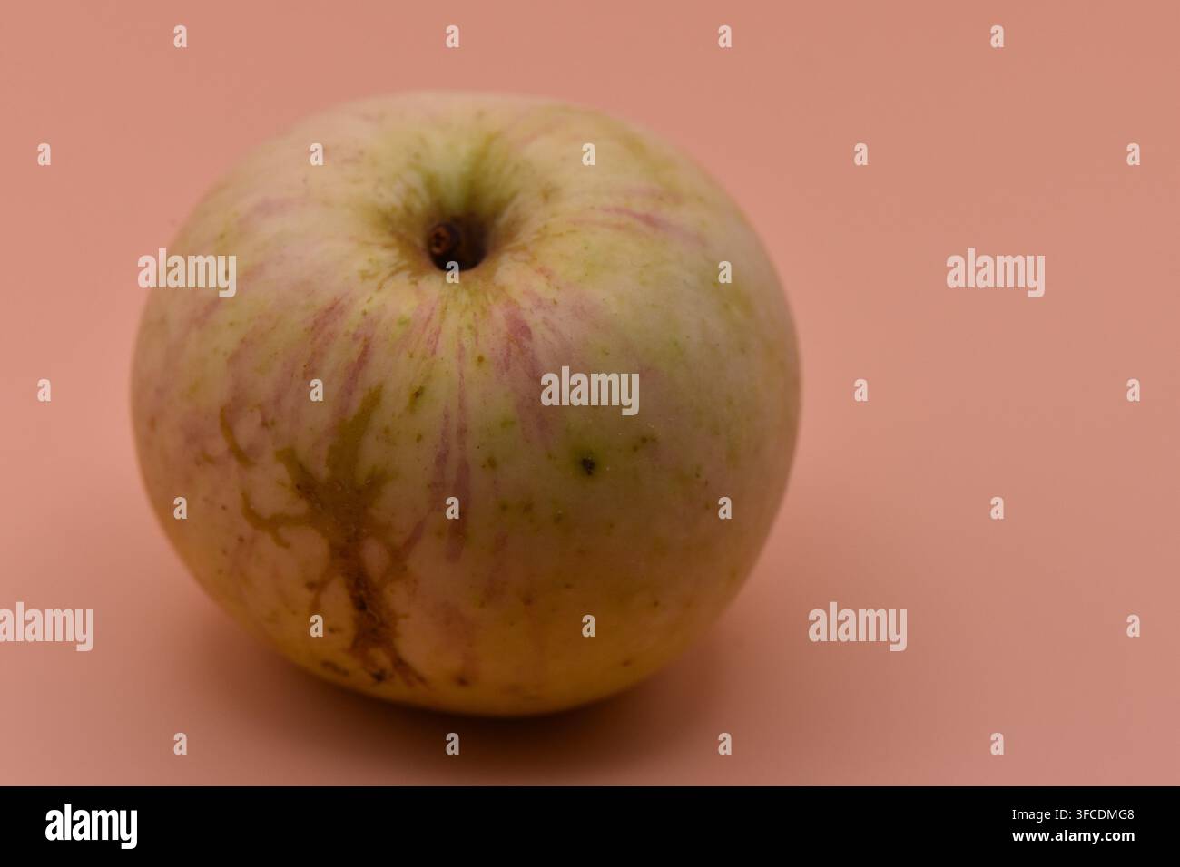 reife grüne Apfel auf pinkem Hintergrund im Nahaufnahme Stockfoto