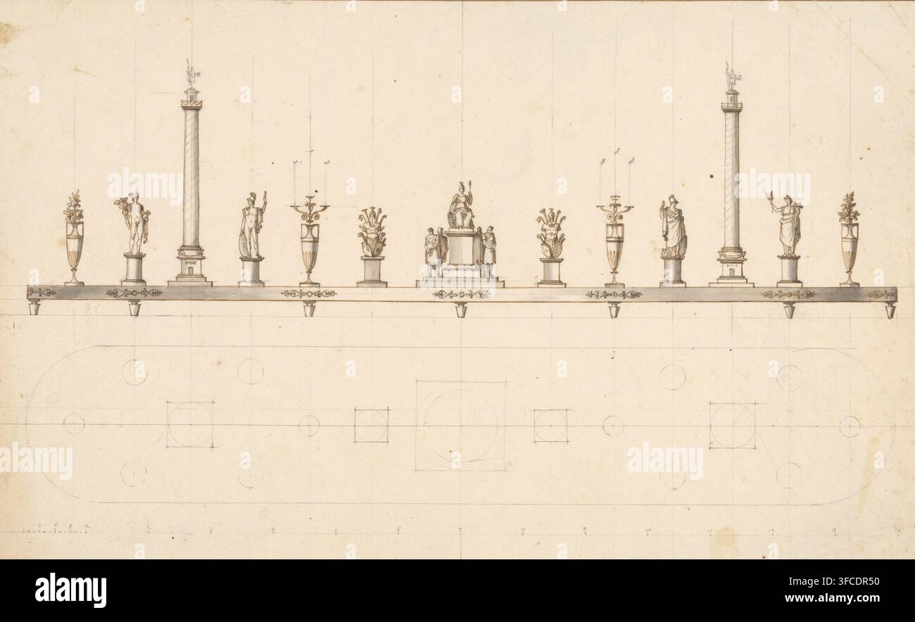 Tischplatte mit Säulen, Vasen, antiken Göttern und Trophäen, mit einem Grundriss darunter, Entwurfszeichnung, Inschrift: '3 6 9 12 2 3 4 5 6 7 8 9 10 11 12 13 14', Wasserzeichen, Zeichner (Künstler): Giovacchino Belli, Rom, ca. 1800, Zeichner (Künstler), Mineral, anorganisches Material, Materialien nach Funktion, Papier, Tinte, Graphit (Mineral), Pinsel, Stift, Stift in brauner Tinte und Pinsel in Grau, Höhe 207 mm x Breite 328 mm., Eine horizontale architektonische Zeichnung auf gealtertem Papier, die eine lange dekorative Kante mit gleichmäßig verteilten ornamentalen Elementen zeigt, darunter hohe gedrehte Säulen, die mit kleinen Statuen gekrönt sind, klassische stehende Stockfoto