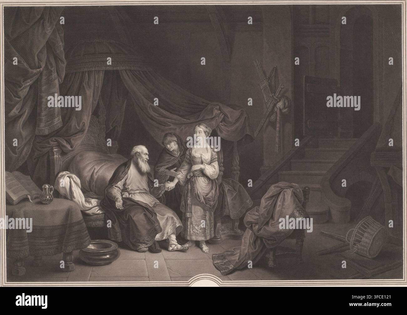 Sara führt Hagar zu Abraham ein, Druck, Druckgrafiker: Johann Georg Wille, nach einem Gemälde von Christian Wilhelm Ernst Dietrich, 1775, Papier, Radierung, Probe, Höhe 399 mm x Breite 505 mm, Sarah bringt Hagar zu Abraham, der gewöhnlich im Bett liegend dargestellt wird., Eine einfarbige Radierung einer Innenszene zeigt ein Himmelbett mit schwerem Draperie und einem Baldachin links, einen bärtigen sitzenden Mann in Gewändern auf der Bettkante, der die Hand einer jungen Frau hält, die neben ihm in einem langen Kleid mit Schärpe steht, und eine zweite Frau hinter ihnen, die sich mit einer Hand auf die Schulter der jungen Frau stützt. Der Stockfoto