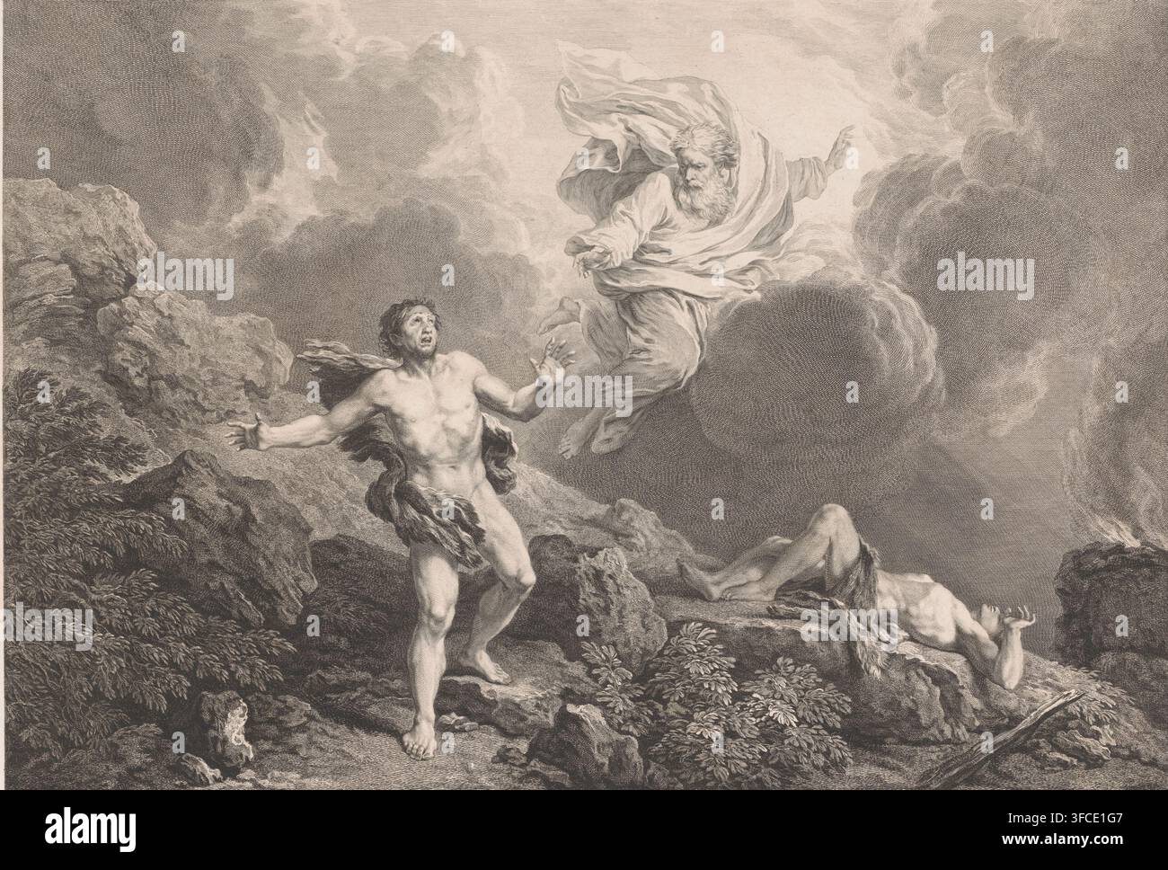 Kain und Abel, Druck, Druckgrafiker: zugeschrieben Jean Daullé, nach einem Gemälde von Christian Wilhelm Ernst Dietrich, 1761, Zugeschrieben, Papier, Radierung, Stich, Höhe 364 mm x Breite 487 mm, Abels Tod., Eine Graustich-Radierung zeigt einen bärtigen älteren Mann in wallenden Gewändern, der aus wirbelnden Wolken auftaucht und mit einer Hand nach einem jüngeren, teilweise bekleideten Mann greift, der mit erhobenen Armen und einem erschrockenen Ausdruck auf felsigem Boden steht; eine weitere liegende Figur liegt in der Nähe auf den Felsen mit einem Tuch, das einen Teil des Körpers bedeckt; der Vordergrund ist mit strukturierten Felsen, niedrigen Pflanzen gefüllt, Stockfoto