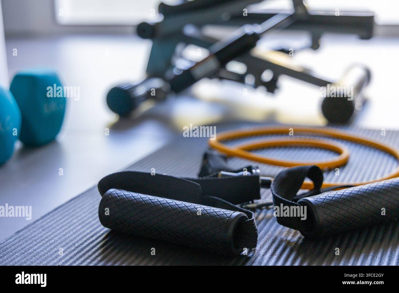 Eine Sammlung von Fitnessgeräten für ein Heimtraining, darunter ein Stepper, Gewichte und Widerstandsbänder, die auf einer Matte ausgelegt sind Stockfoto
