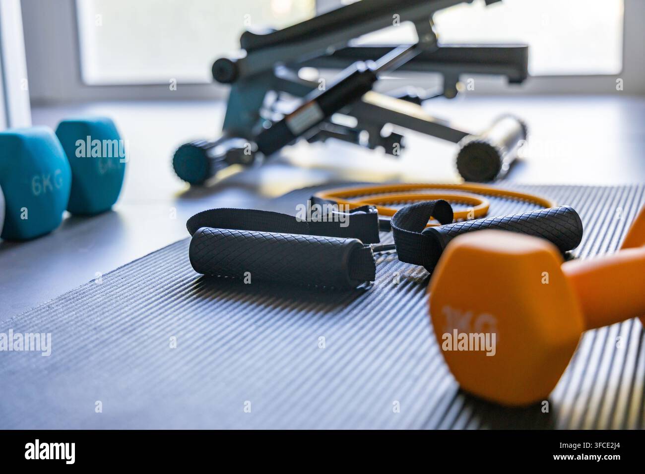 Eine Sammlung von Fitnessgeräten für ein Heimtraining, mit Gewichten und Trainingsmaschinen Stockfoto