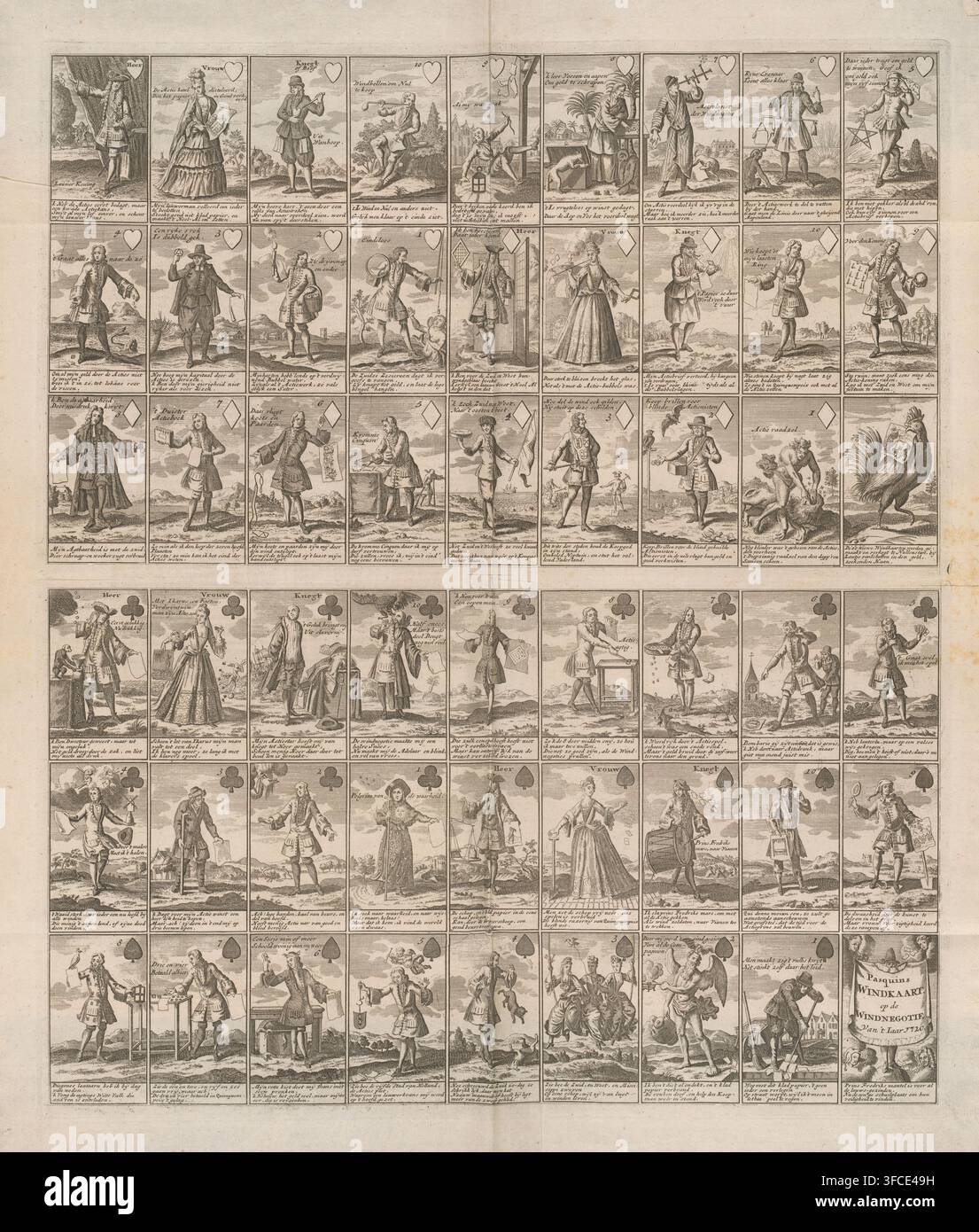 Pasquins Windkaart über den Windhandel von 1720, Pasquins Windkaart über den Windhandel des Jahres 1720, Das Große Tableau der Torheit, Karikatur, Druck, Pasquins Windkaart über den Windhandel von 1720. Blatt mit einem vollständigen Satz von 52 Spielkarten, jede Karte mit einer Illustration und einem Vers zum Windhandel. Druck in der gebundenen vierten Ausgabe (304 B 12) von Das Große Tableau der Torheit mit satirischen Drucken über den Windhandel oder Wertpapierhandel von 1720., Radierer, Nordniederlande, Papier, Radierung, Höhe 525 mm x Breite 450 mm, Spielkarten, Windhandel von 1720, Periode, 1720., Ein großes Blatt Stockfoto