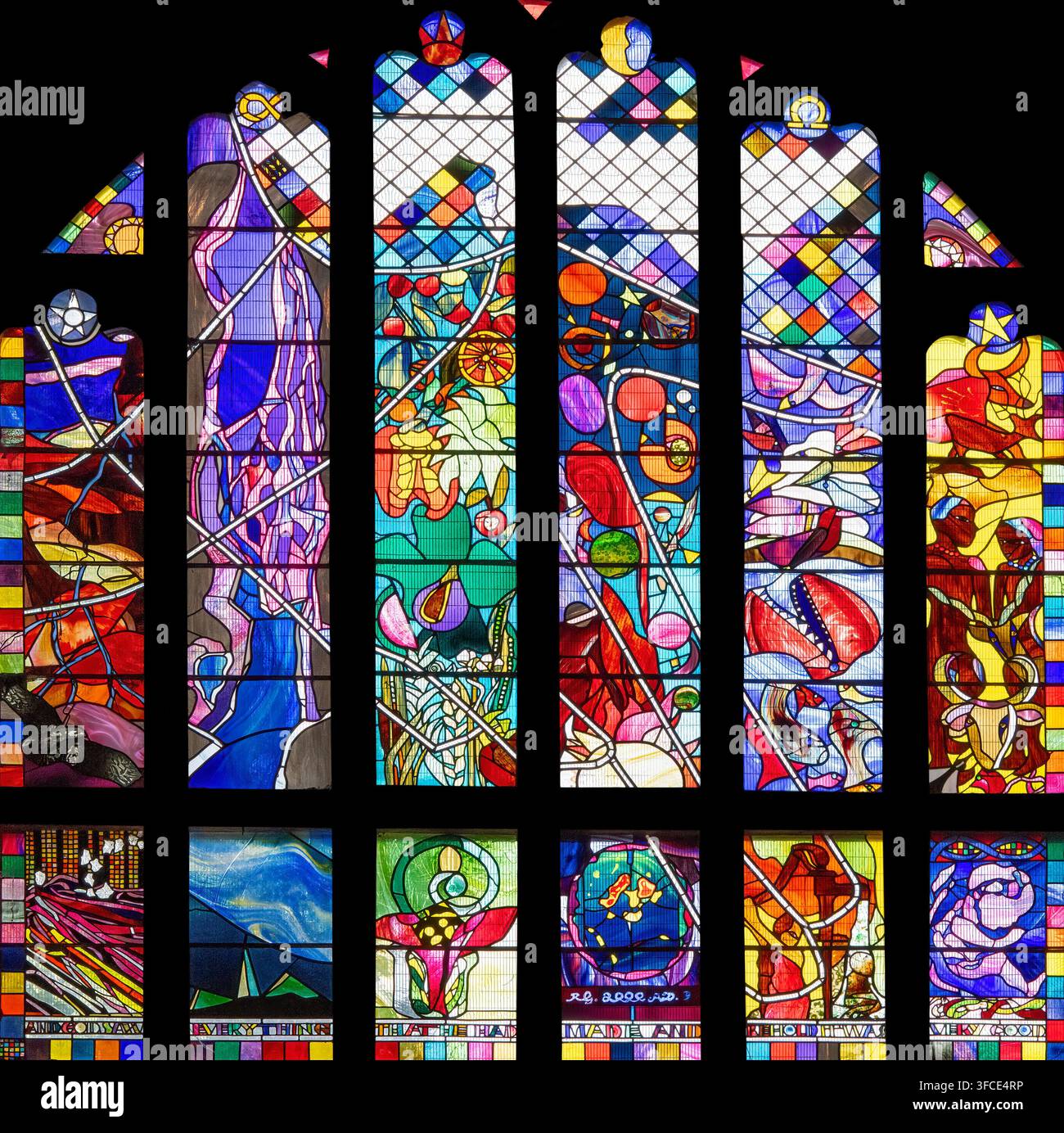 „Die sechs Tage der Schöpfung“ von Rosalind Grimshaw (2001), Chester Kathedrale, Cheshire, UK Stockfoto