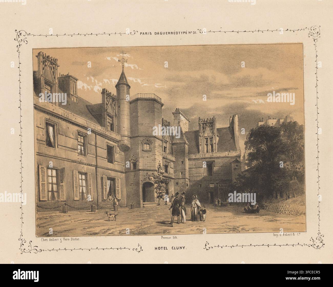 Hôtel de Cluny, Hôtel Cluny, Druck, Seite, Inschrift: 'PARIS DAGUERRÉOTYPÉ No. 31.', Drucker: A. Provost, Paris, Verlag: Aubert & Cie., 1839 - bis 1840, Papier, Tonlithografie, Tonblock in Beige, Höhe 210 mm x Breite 260 mm, Burg. Eine sepiafarbene Illustration eines großen historischen Gebäudes mit kunstvollen architektonischen Details, darunter Türmchen, dekorative Fensterrahmen und hohe Schornsteine, umrahmt von einem zarten ornamentalen Rahmen; ein Innenhof davor zeigt eine kleine Gruppe von Menschen in Zeitkleidung, die stehen und sich unterhalten, einige weitere Figuren sind in der Nähe des Gebäudes verstreut Stockfoto