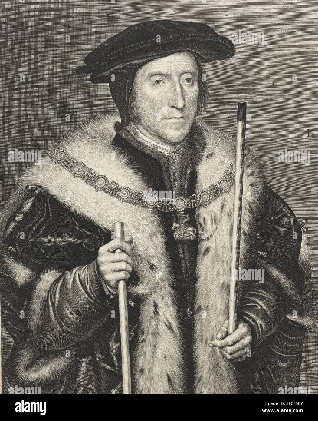 Porträt von Thomas Howard, Earl of Norfolk, Druck, Porträt des englischen Staatsmannes Thomas Howard, Earl of Norfolk. Um seinen Hals die Insignien des Ordens der Garter. Stichzeichner: Lucas Vorsterman (I), England (möglicherweise), nach Gemälde von Hans Holbein (II), 1624 - 1630, Papier, Radierung, Gravur, Höhe 248 mm x Breite 202 mm, Person, Thomas Howard (3. Earl of Norfolk), Ritterorden (GARTER). Ein monochromes radiertes Porträt eines Mannes, von der Brust aufwärts gezeigt, der einen dunklen Hut und einen schweren pelzbesetzten Umhang trägt, der Umhang mit einer gemusterten Kette über den Schultern und einem Anhänger verziert ist Stockfoto