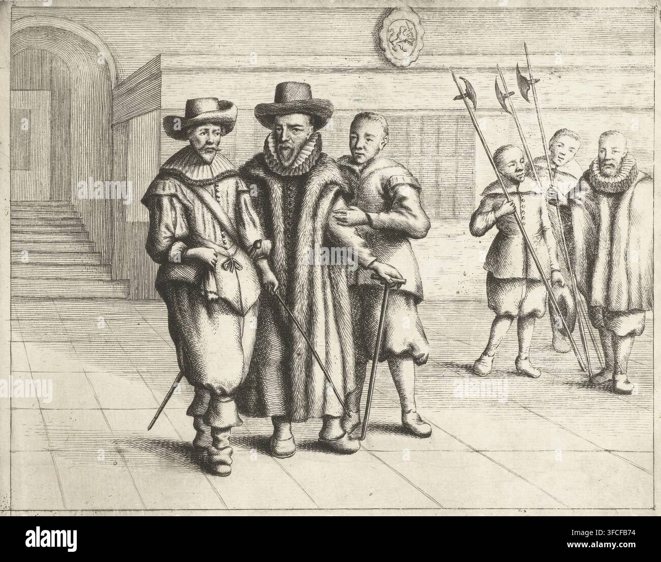 Johan van Oldenbarnevelt wird zum Schafott geführt, 1619, Druck, historischer Druck, 13. Mai 1619. Van Oldenbarnevelt wird von einem Soldaten und seinem Diener Jan Francken begleitet., Drucker: Hendrik Bary, Nordniederlande, 1668 - 1670, Papier, Radierung, Gravur, Höhe 155 mm x Breite 170 mm, Person, Johan van Oldenbarnevelt, Jan Francken, (Person unter Todesstrafe) auf dem Weg zum Schafott oder zum Hinrichtungsort, Veroordeling en uitvoering van Johan van Oldenbarnevelt, Den Haag, Periode, 1619-05-13., Eine detaillierte Schwarz-Weiß-Linienradierung zeigt einen gefliesten Boden und eine hohe Mauer mit Stockfoto