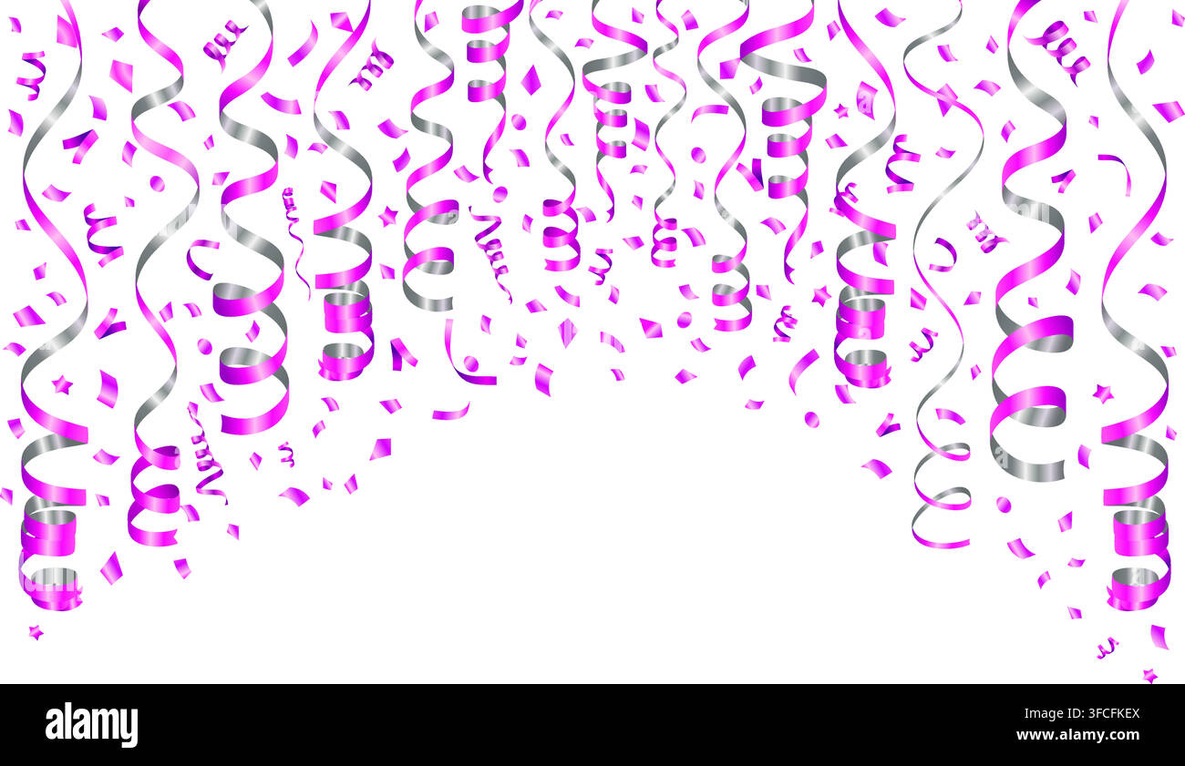 Goldener, silberner Streifen und Konfetti auf transparentem Hintergrund. Dekoration mit Serpentine für Geburtstag, Party, Weihnachten, Neujahr. Die Goldlocken fallen Stock Vektor