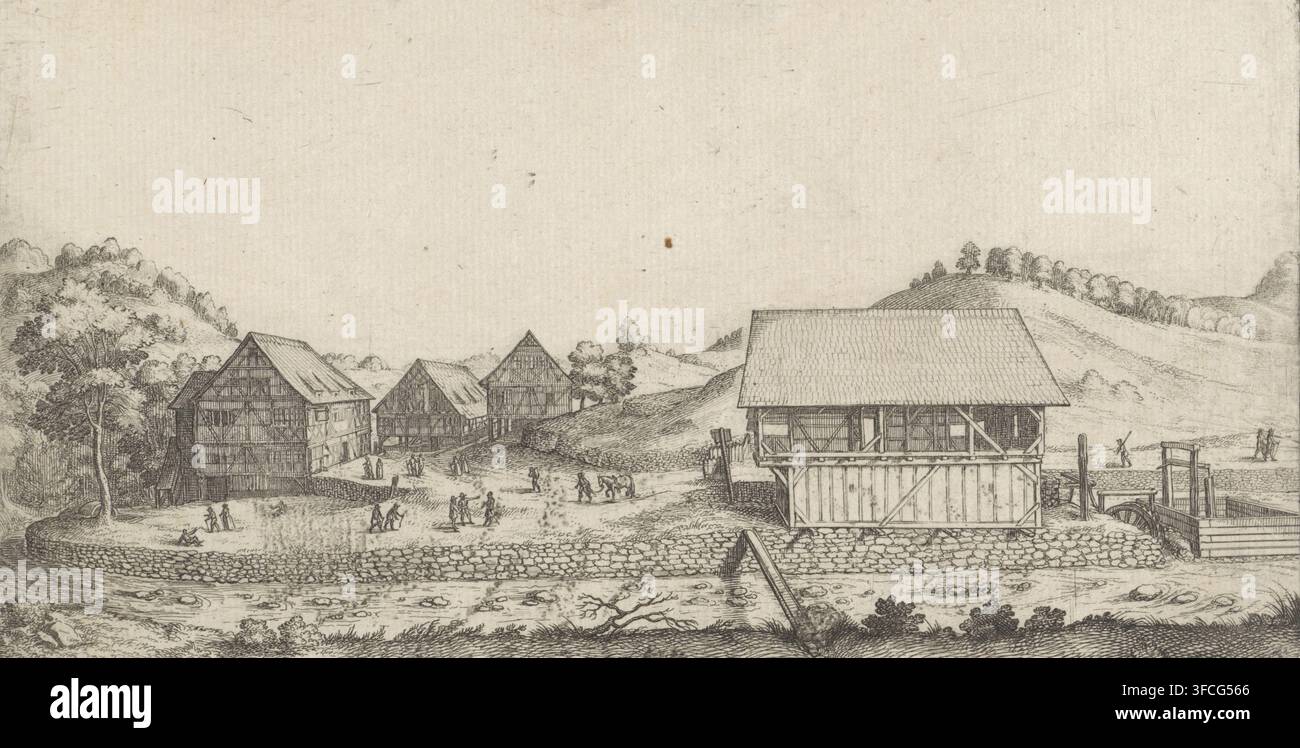 Ansicht einer Wassermühle, Druck, Druckgrafiker: Wenceslaus Hollar, 1625 - 1677, Papier, Radierung, Trockenpunkt, Radierung und Trockenpunkt, Höhe 105 mm x Breite 197 mm, Wassermühle in der Landschaft. Eine panoramische Feder- und Tinten-Szene zeigt ein Flussdorf mit einer Gruppe von Fachwerkgebäuden und einer größeren Holzkonstruktion auf Stein Fundamenten in der Nähe des Wassers; im Vordergrund befindet sich ein Steinwall und ein fließender Fluss mit sichtbaren Strömungen und einem abgebrochenen Ast, im Mittelgrund befinden sich grasbewachsene Hänge, einige Bäume und ein Erdbodenbereich, an dem mehrere kleine Figuren versammelt sind und interagieren, einige stehen und einige gehen, Stockfoto