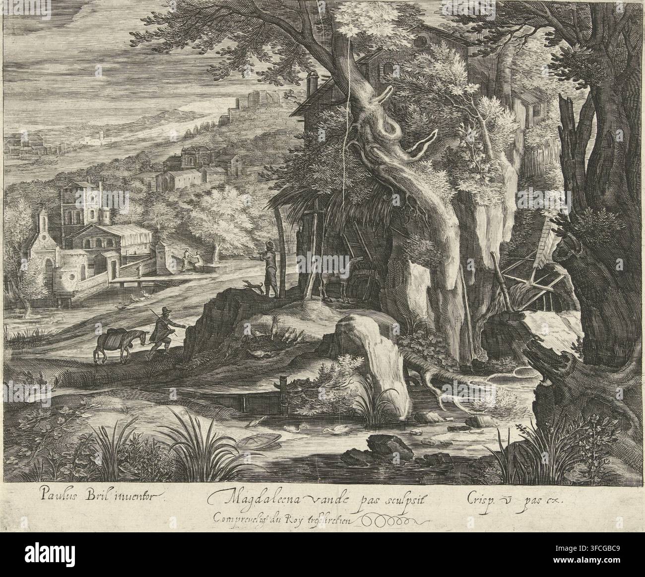 Landschaft mit Pferd neben einer Wassermühle, Landschaften, Druck, Hügelige Landschaft mit einem Pferd, das unter einem Schutzdach neben einer Wassermühle steht. Ein Reiter und sein Pferd gehen auf die Wassermühle zu. Im Hintergrund eine Stadtansicht., Kupferstecher: Magdalena van de Passe, Utrecht, nach Entwurf von Paul Bril, Verleger: Crispijn van de Passe (I), 1617 - 1634, unbekannt, Privilegiengeber, Papier, Radierung, Höhe 222 mm x Breite 269 mm, Wassermühle., Eine detaillierte Monochrom-Radierung zeigt eine ländliche Landschaft mit einem gewundenen Bach und einem Wasserfall, der über Felsen fließt, umrandet von hohem Gras und laubreichen Pflanzen im Stockfoto