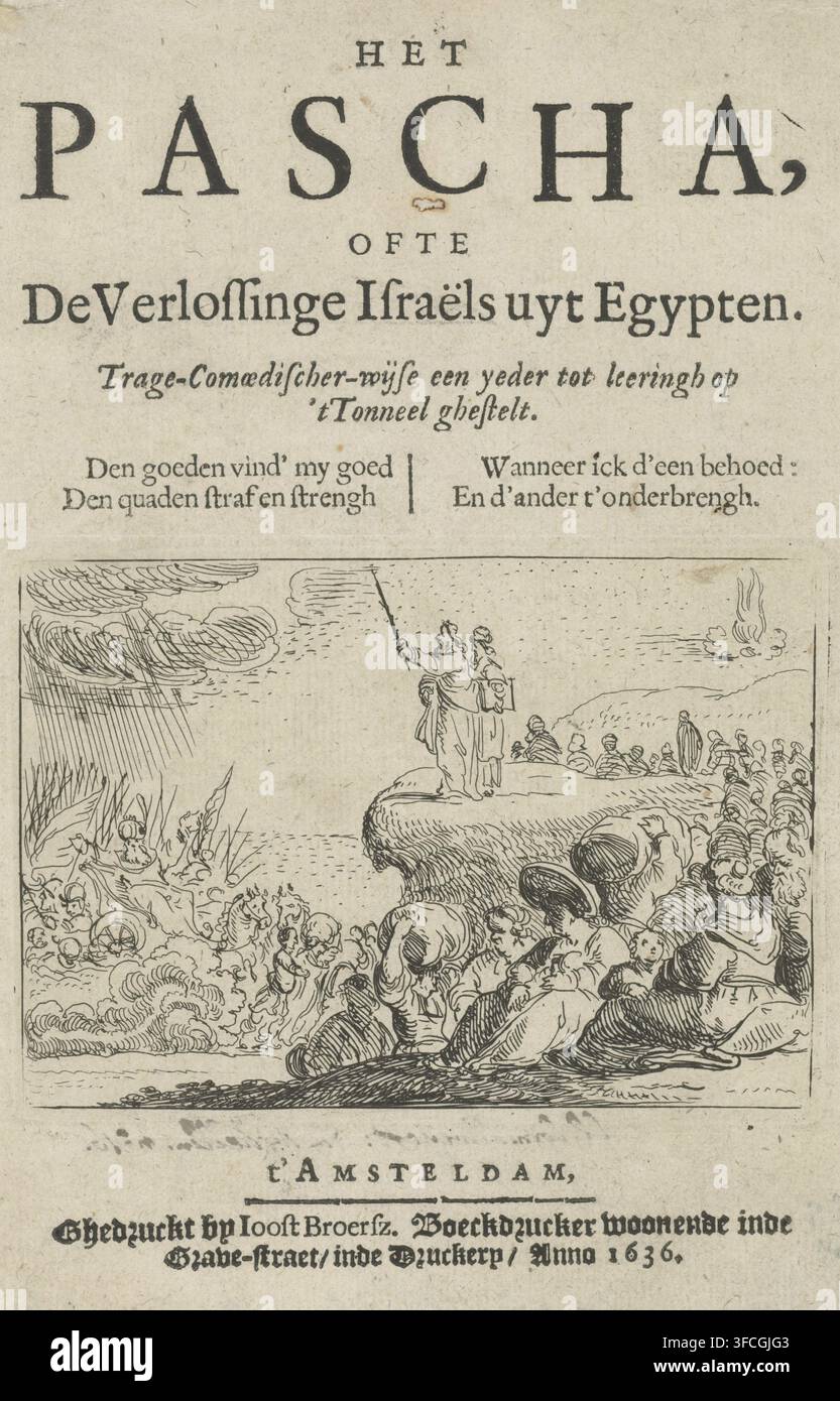 Pharao und seine Armee ertrinken im Roten Meer, Titelseite für: J. van den Vondel, Het pascha, ofte De verlossinge Israëls uyt Egypten, 1636, Druck, Titelseite, Mose erhebt seinen Stab und das Wasser des Roten Meeres fließt zurück, wodurch Pharao und seine Armee ertrinken. Die Israeliten sitzen sicher am Ufer. Oben rechts die Feuersäule Gottes., Stecher: Claes Moeyaert, Amsterdam, Verleger: Joost Broersz, 1612 - 1655, Papier, Radierung, Buchdruck, Radierung und Text im Buchdruck, Höhe 78 mm x Breite 109 mm, mit seinem Volk sicher am Ufer, erhebt Mose seine Hände und lässt das Wasser Stockfoto