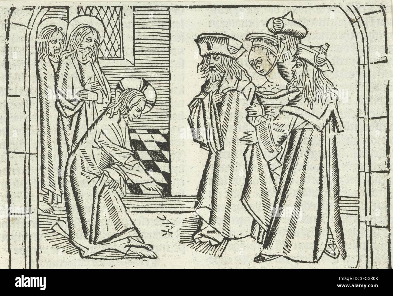 Christus und die Sünderin, Druck, Buchillustration, Christus schreibt mit dem Finger auf den Boden. Zwei Jünger neben ihm. Drei Pharisäer halten die Sünderin. Unbekannt: zugeschrieben dem Meister von Delft, Niederlande, unbekannt: zugeschrieben dem Meester van de Delbecq-Schreiber-Passion, unbekannt: zugeschrieben dem Meister der Virgo inter Virgines, 1480 - 1500, 1503, Zugeschrieben, Meister der Delbecq-Schreiber-Passion, Papier, Holzschnitt, Höhe 98 mm x Breite 142 mm, Pharisäer bringen eine Frau, die des Ehebruchs beschuldigt wird, vor Christus (Johannes 8:2-11). Eine schwarz-weiße Holzschnittszene zeigt eine Gruppe von gewandeten Figuren in einem Stockfoto