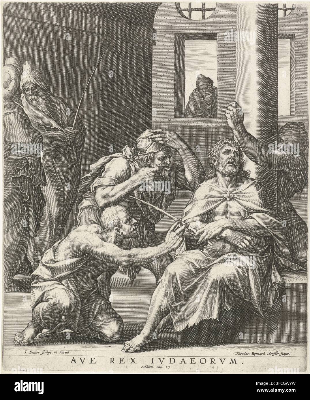 Verspottung Christi, Die Wahrheit der Botschaft Christi, Druck, Christus wird von den Soldaten verspottet. Er ist gefesselt und geschlagen. Der letzte Druck einer fünfteiligen Serie mit Szenen aus der Passionsgeschichte, die dazu dienen, die Botschaft Christi zu untermauern., Druckgrafiker: Johann Sadeler (I), unbekannt, nach Entwurf von Dirck Barendsz., 1570 - 1600, Papier, Radierung, Gravur, Höhe 240 mm x Breite 198 mm, Lehre vom ursprünglichen Sünde und Erlösung, im Palast des Kaiphas wird Christus von Juden verspottet (Matthäus 26:67-68, Markus 14:65)., Eine Gruppe von Männern versammelt sich um einen sitzenden bärtigen Mann, der einen drapierten Mantel und ein Stockfoto