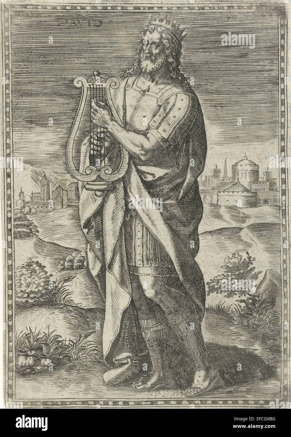 David, König David, Druck, Buchillustration, König David in einer Landschaft. In seinen Händen eine Leier., Druckgrafiker: Johann Sadeler (I), Antwerpen, nach Entwurf von Chrispijn van den Broeck, 1577, Papier, Radierung, Buchdruck, Radierung und Buchdruck, Höhe 122 mm x Breite 84 mm, mögliche Attribute: Krone, Harfe., Ein stehender bärtiger Mann mit Krone und wallenden Gewändern hält ein Saiteninstrument in Harfenform mit beiden Händen; sein Haar ist lang und lockig und sein Ausdruck neutral, mit detaillierter Schattierung im Gesicht und Körper. Die Figur trägt geschichtete Gewänder, darunter einen Mantel und ein ärmeliges Kleidungsstück Stockfoto