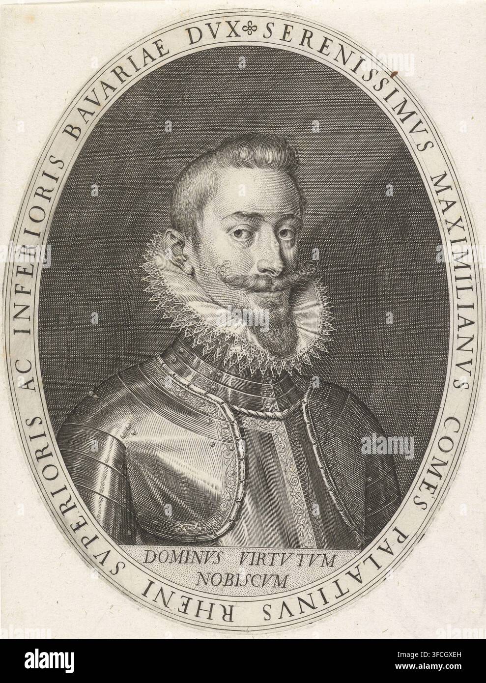 Porträt von Maximilian I. von Bayern, Druck, Maximilian I., Herzog von Bayern. Büste nach rechts gewandt, in Rüstung mit breitem, gefaltetem Kragen, mit Spitze verziert, in einem Oval mit Namensinschrift am Rand. Unter dem Porträt: Dominus Virtutum, Nobiscum., Drucker: Johann Sadeler (I), 1593 - vor 1595, Papier, Radierung, Höhe 161 mm x Breite 124 mm, Person, Halsbekleidung, Kleidung (mit NAME) (+ Herrenkleidung), anderer Souverän (mit TITEL). Ein detailliertes schwarz-weißes radiertes Porträt eines Mannes, von der Brust aufwärts in einem ovalen Rahmen gezeigt, mit kunstvoller Plattenrüstung mit dekorativen Stockfoto