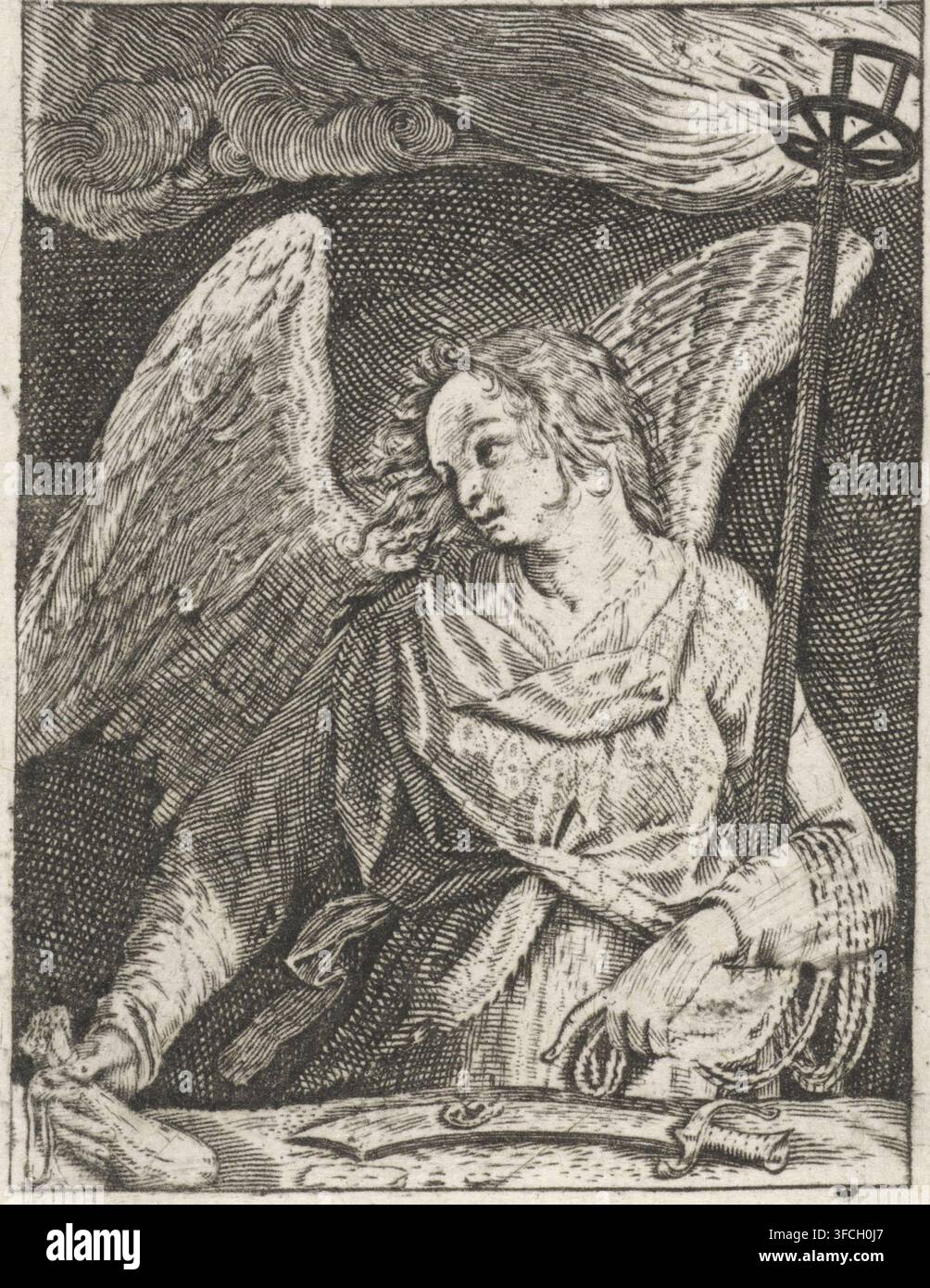 Engel mit Peters Schwert, Judas' Geldbeutel und einer Fackel, Druck, Drucker: Johann Sadeler (I), nach Druck von Aegidius Sadeler (II), 1580 - 1600, Aegidius Sadeler (II), nach Druck von, Papier, Radierung, Höhe 68 mm x Breite 53 mm, einzelne Instrumente der Passion., Eine monochrom radierte Szene, die eine geflügelte Figur mit wallendem Haar und drapierten Gewändern zeigt, Flügel ausgebreitet hinter den Schultern und detaillierte Federtextur sichtbar; die Figur hält einen langen Stab, der mit einem runden, radähnlichen Element gekrönt ist, und eine Hand greift nach einem Tuch oder kleinen Sack nahe dem unteren Rand, während die andere Stockfoto