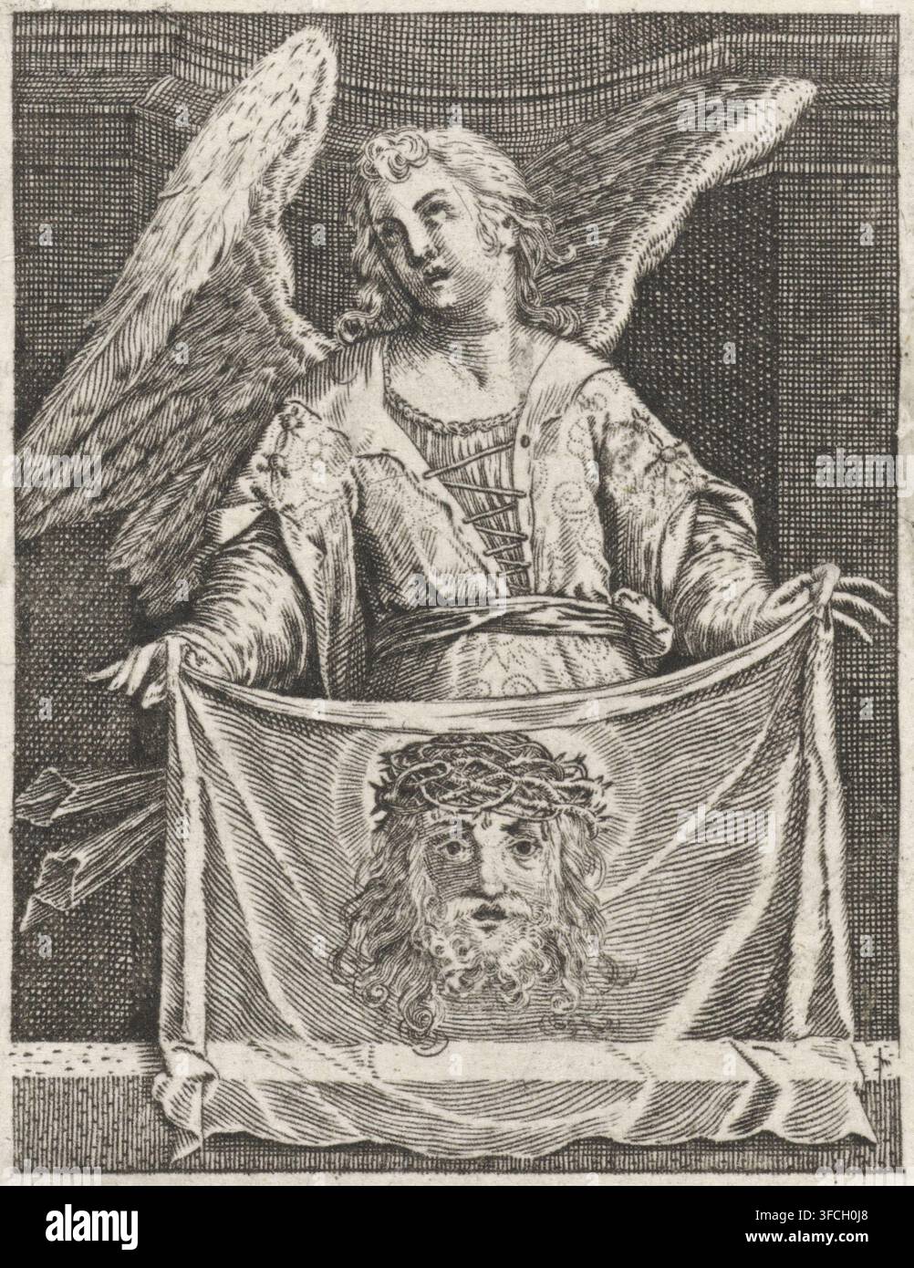 Engel mit dem Schweißtuch der Veronika, Druck, Drucker: Johann Sadeler (I), nach Druck von Aegidius Sadeler (II), 1580 - 1600, Johann Sadeler (I), Aegidius Sadeler (II), Drucker, nach Druck von, Papier, Radierung, Höhe 68 mm x Breite 53 mm, einzelne Instrumente der Passion., Eine detaillierte Schwarzweiß-Radierung zeigt einen Engel mit großen gefiederten Flügeln und lockigem Haar, der ein Gewand mit gemusterten Ärmeln und einem geschnürten Mieder trägt und ein drapiertes Tuch hochhält, auf dem ein bärtiger Kopf mit langem Haar und einer Dornenkrone zu sehen ist; die Hände des Engels greifen die Ecken des Tuches und der Hintergrund zeigt Stockfoto