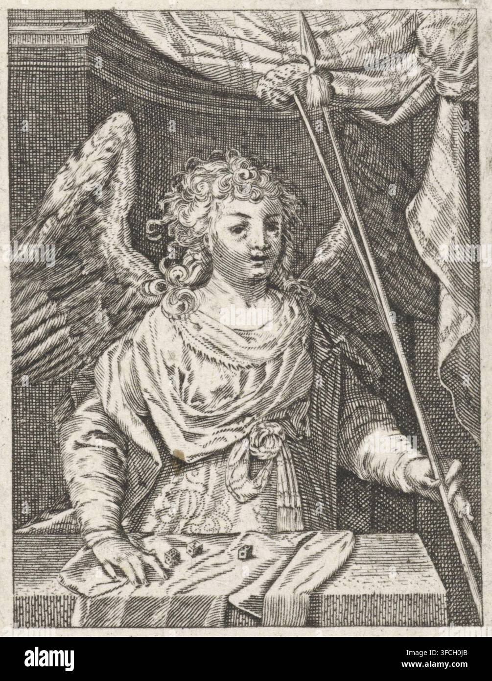 Engel mit Lanze, Schwamm und Würfeln, Druck, Druckgrafiker: Johann Sadeler (I), nach Druck von Aegidius Sadeler (II), 1580 - 1600, Aegidius Sadeler (II), nach Druck von, Papier, Radierung, Höhe 68 mm x Breite 53 mm, einzelne Instrumente der Passion., Eine detaillierte Schwarzweißradierung zeigt eine geflügelte Figur mit lockigem Haar, die ein drapiertes Gewand und einen um die Taille gebundenen Gürtel trägt und vor einem drapierten Hintergrund sitzt. Die Figur hält in einer Hand einen langen Stab mit einem verzierten Ende, während die andere Hand auf einem mit einem Tuch bedeckten Tisch ruht. Einige kleine würfelartige Objekte liegen auf dem Tuch vor der Figur. Stockfoto