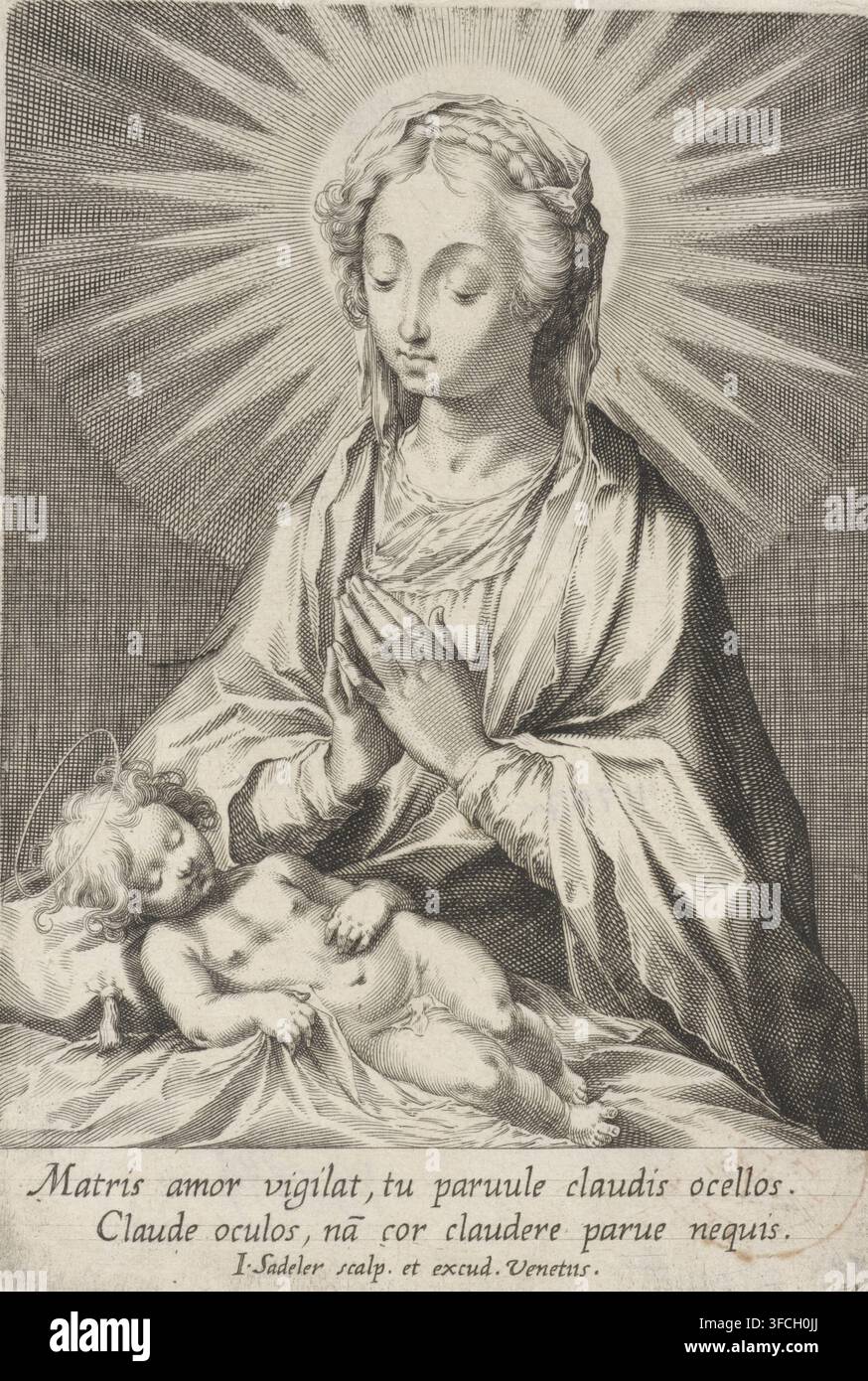 Maria verehrt das schlafende Christuskind, Druck, Die Jungfrau Maria verehrt das schlafende Christuskind., Nummer: '14 o.', Druckgrafiker: Johann Sadeler (I), Venedig, nach Druck von Francesco Vanni, 1595 - 1600, Francesco Vanni, nach Druck von, Papier, Radierung, Gravur, Höhe 156 mm x Breite 107 mm, Verehrung des Christuskindes durch Maria, Maria kniend (auf dem Boden), das Christuskind vor ihr., Eine Graustufenradierung einer sitzenden Frau mit einem ruhigen Ausdruck und geschlossenen Augen, in drapierten Gewändern und einer Kopfbedeckung mit sichtbaren geflochtenen Haaren, ein strahlender Lichtkranz, der ihren Kopf umgibt, ihr Stockfoto
