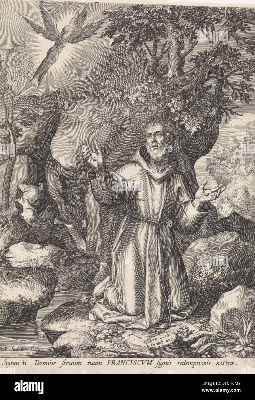Franz von Assisi empfängt die Stigmata, Druck, Hl. Franz kniet in der Wildnis. Er empfängt eine Vision eines sechsflügeligen Engels und empfängt seine Stigmata. Im Hintergrund sitzt ein weiterer Mönch vor einer Höhle., Drucker: Johann Sadeler (I), unbekannt, nach Entwurf von Bernardo Castello, 1560 - 1600, Papier, Radierung, Gravur, Höhe 255 mm x Breite 176 mm, Franz von Assisi: im Rückzug auf dem Monte Alverna sieht er eine Vision Christi am Kreuz, umhüllt von Flügeln (wie ein Seraph mit sechs Flügeln), Strahlen, die hinunter zum Körper des knienden Heiligen fallen, bilden die Zeichen der fünf Wunden von Stockfoto