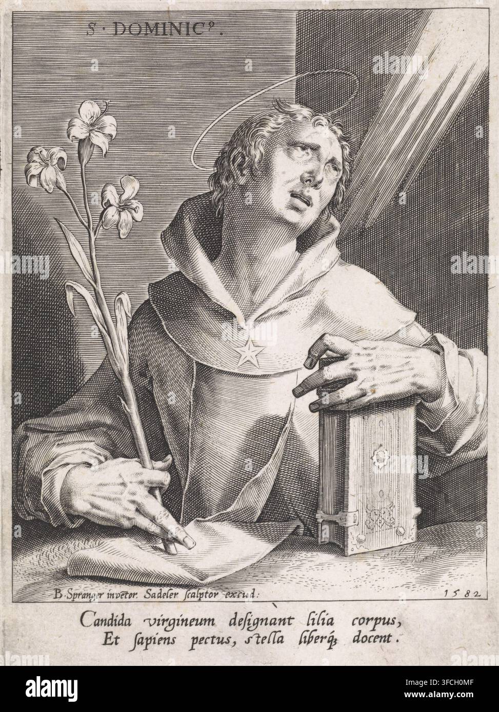 Heiliger Dominik (Version 2), Druck, Heiliger Dominik, eine Lilie und eine Bibel in den Händen, Drucker: Johann Sadeler (I), Antwerpen, nach Zeichnung von Bartholomeus Spranger, 1582, Papier, Radierung, Höhe 148 mm x Breite 108 mm, Pendant von Heiligem Franziskus (Version 2), Dominik(us) Guzman von Calerueja, Gründer des Predigerordens (oder Dominikaner (Schwarze) Mönche, mögliche Attribute: Buch, Hund mit brennender Fackel, Lilie, Brotlaib, Rosenkranz, Stern., Eine detaillierte Schwarz-Weiß-Radierung einer bekleideten Figur mit einem Heiligenschein, die nach oben blickt, in einer Hand einen langen Stiel mit einem Blumenbüschel hält und die andere abstützt Stockfoto