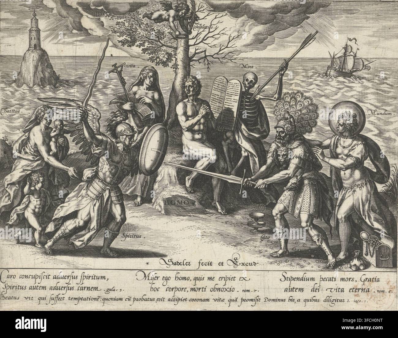 Kampf zwischen Geist und Körper, Druck, Mann (Homo) sitzt unter einem Baum und wird von einem Putto namens Trost (Consolatio) mit einem Lorbeerkranz gekrönt. Er wird von der Personifizierung des Lebens (Vita) und des Todes (Mors) unterstützt. Links steht Vita, die eine Bibel und ein Kreuz hält. Rechts steht Mors in Form eines Skeletts, das in einer Hand die Gesetzestafeln hält und mit der anderen einen Pfeil auf den Menschen richtet. Der Mensch muss ständig danach streben, ein christliches Leben zu führen, denn der Tod kann jeden Moment zuschlagen und ihn seiner irdischen Existenz berauben. Im Vordergrund findet ein Kampf zwischen dem Stockfoto
