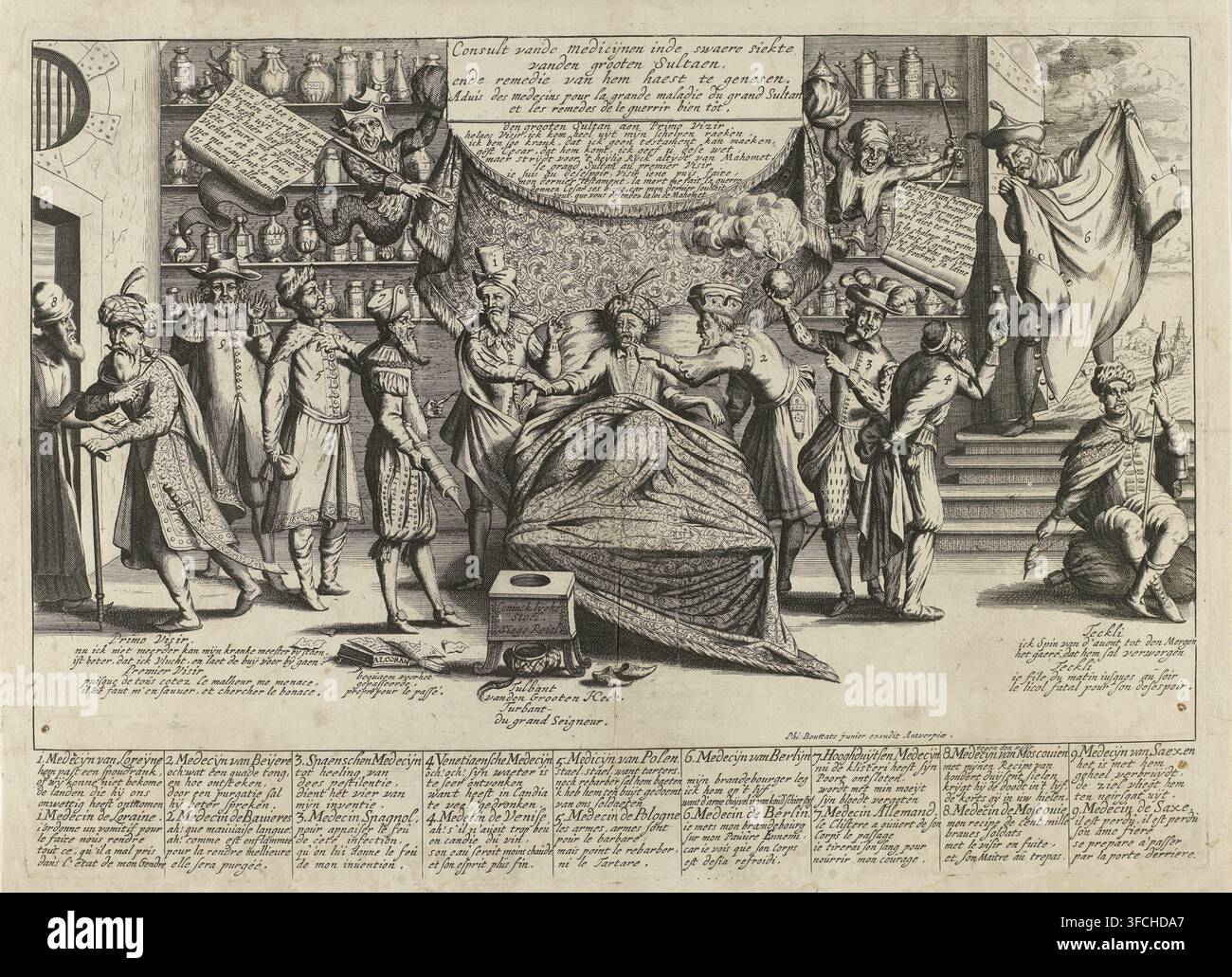Beratung über die Medikamente für die schwere Krankheit des großen Sultans und das Mittel, um ihn schnell zu heilen, Allegorie auf die Niederlage der Türken bei der Belagerung von Wien im Jahr 1683, Karikatur, Druck, Die verschiedenen Ärzte geben Ratschläge, die jeweils in einer niederländischen und französischen Bildunterschrift erklärt werden. Alle möglichen medizinischen Lösungen werden gesucht, um den Sultan zu heilen, aber nichts scheint zu helfen. Im Vordergrund die königliche Latrine, mit dem Koran daneben, der respektlos als Toilettenpapier verwendet wird., Kupferstecher: Philibert Bouttats (II), Antwerpen, ca. 1683, Papier, Radierung, Höhe 362 mm x Breite 500 mm, Person, Imre Stockfoto