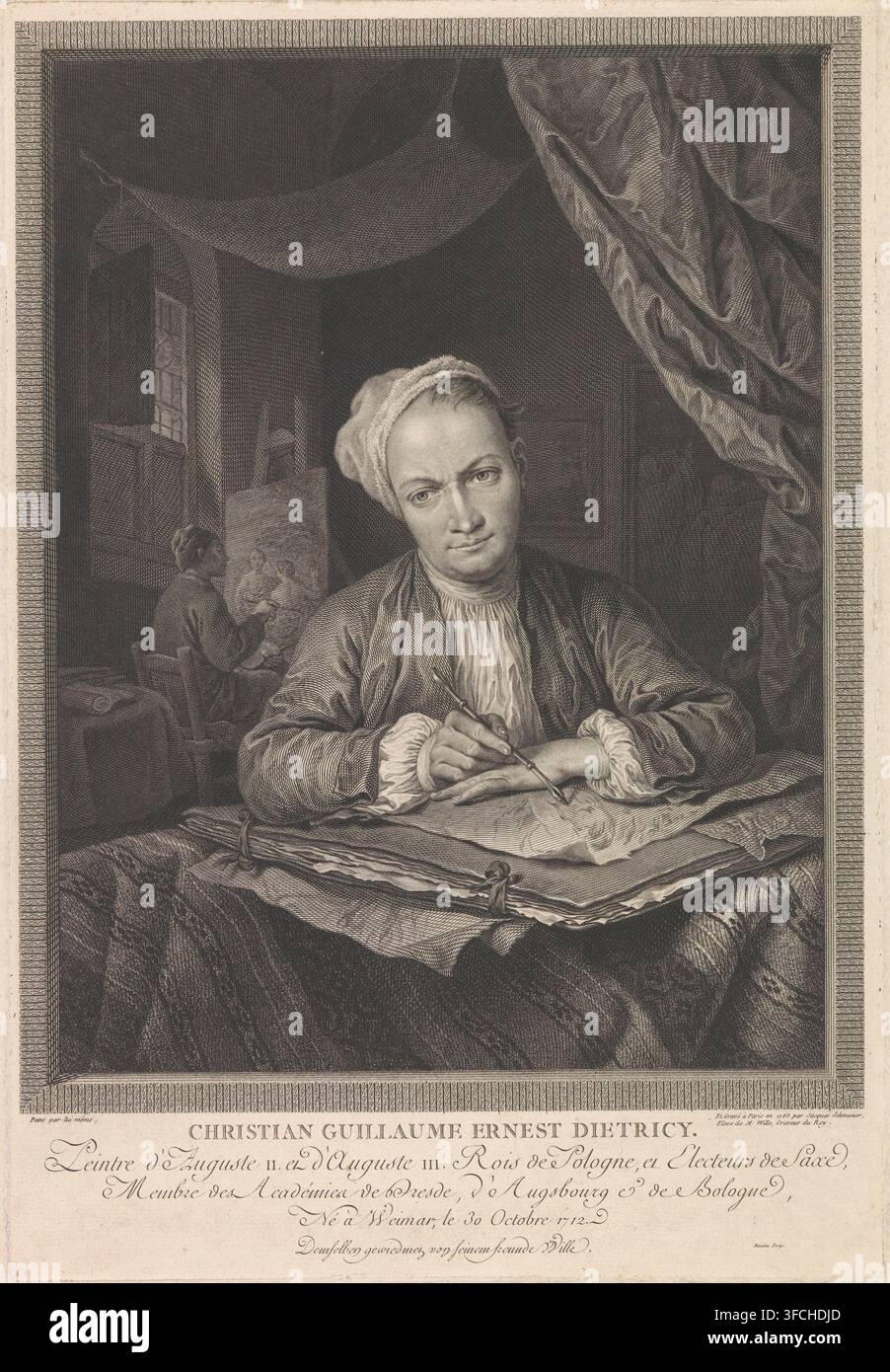 Porträt des Künstlers Christian Wilhelm Ernst Dietrich, Christian Guillaume Ernest Dietricy, Druck, Porträt des Künstlers Christian Wilhelm Ernst Dietrich beim Zeichnen. In seiner rechten Hand hält er einen Kreidehalter, seine linke Hand ruht auf der Zeichnung. Im Hintergrund ein Maler vor einer Staffelei., Kupferstecher: Jakob Matthias Schmutzer, Paris, Kupferstecher: Baisiez, nach einem Gemälde von Christian Wilhelm Ernst Dietrich, Dresden, Verleger: Johann Georg Wille, 1765, Sachsen, Papier, Radierung, Stich, Radierung und Stich, Höhe 382 mm x Breite 261 mm, Person, Maler bei der Arbeit, in seinem Atelier, Staffelei, Zeichner bei der Stockfoto
