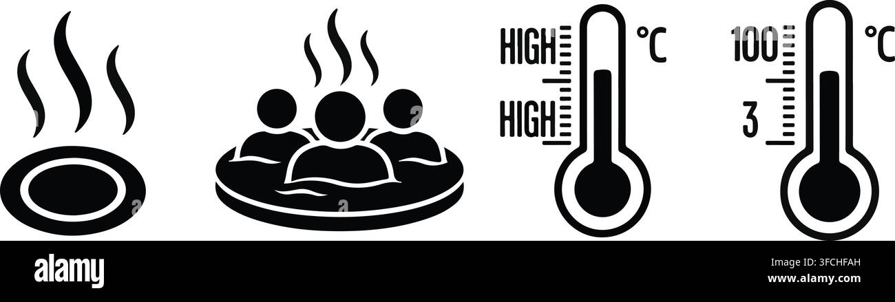 Whirlpool-Spa mit Menschen und Thermometer, das eine hohe Temperatur anzeigt. Stock Vektor